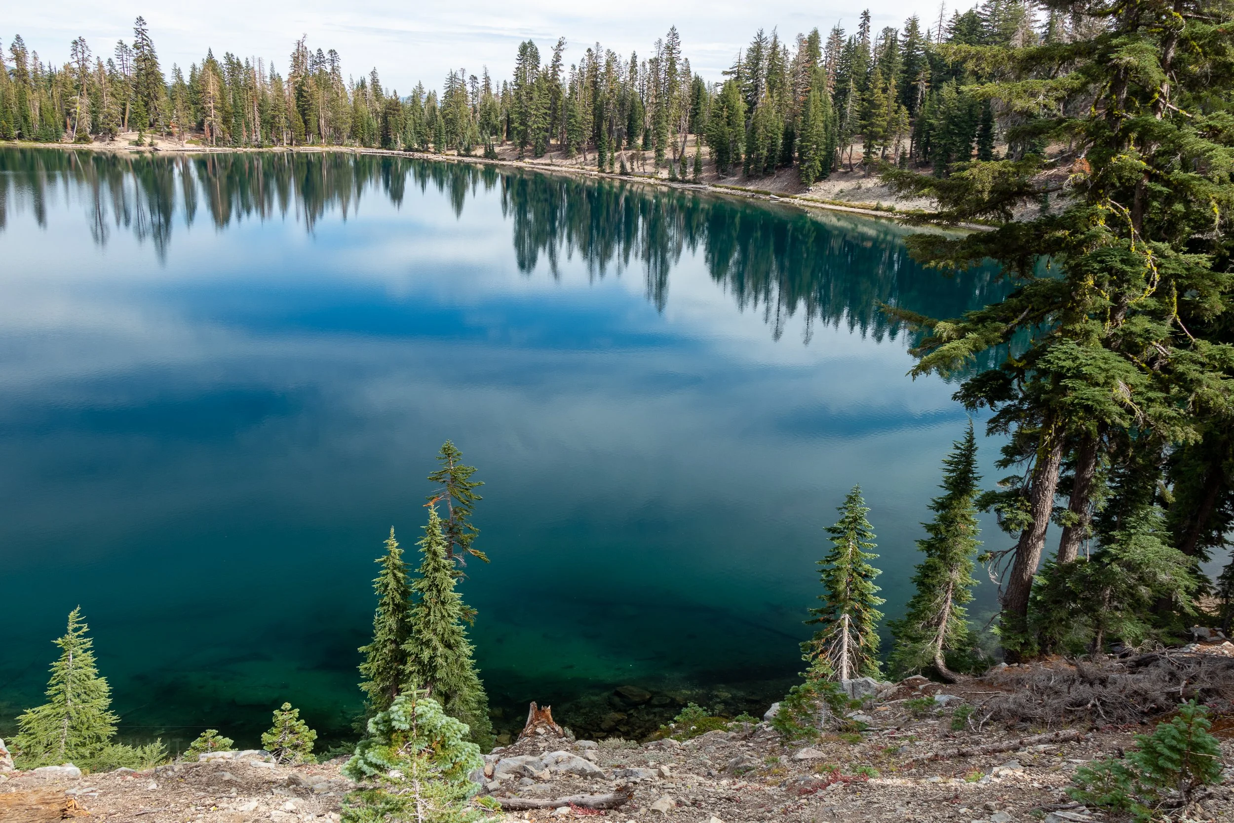 A small green and blue lake reflects clouds and nearby trees, Lassen Volcanic National Park, California, United States.