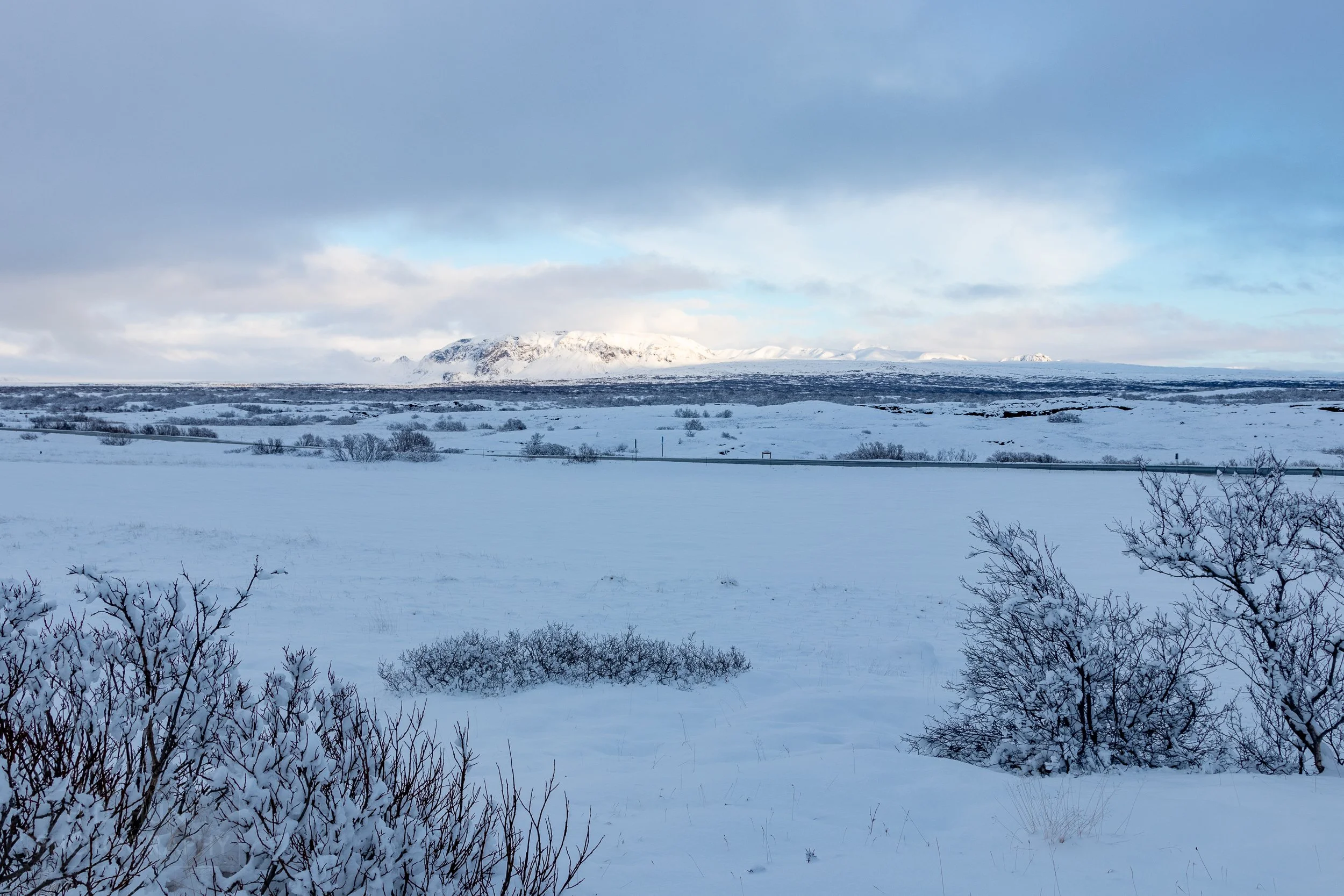 A snow-covered field with mountains far in the background, as seen at Þingvellir, Iceland.
