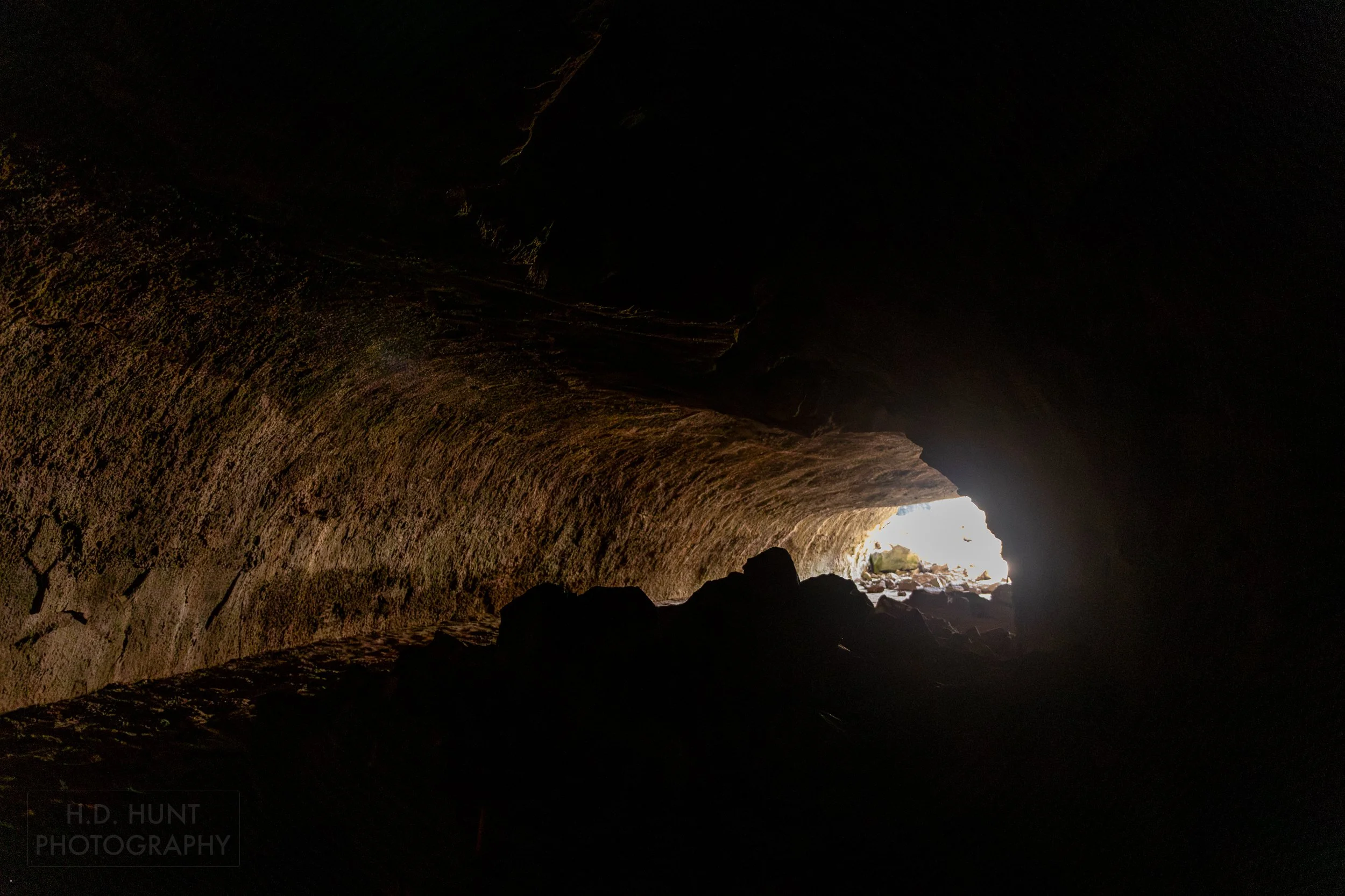Light enters the end of a lava tube, California, United States.