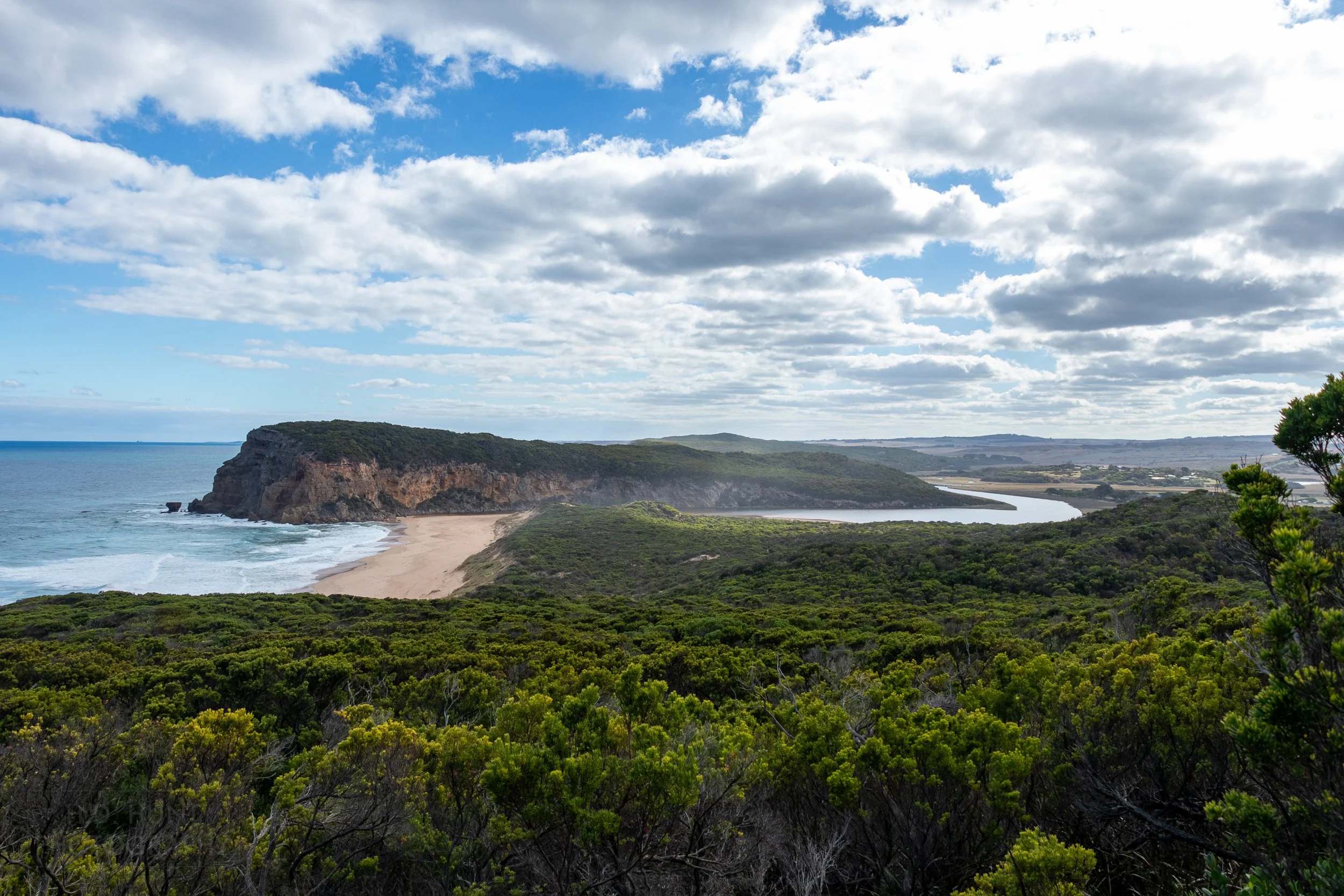 The Gellibrand River is seen meeting the Southern Ocean along The Great Ocean Walk, Victoria, Australia.
