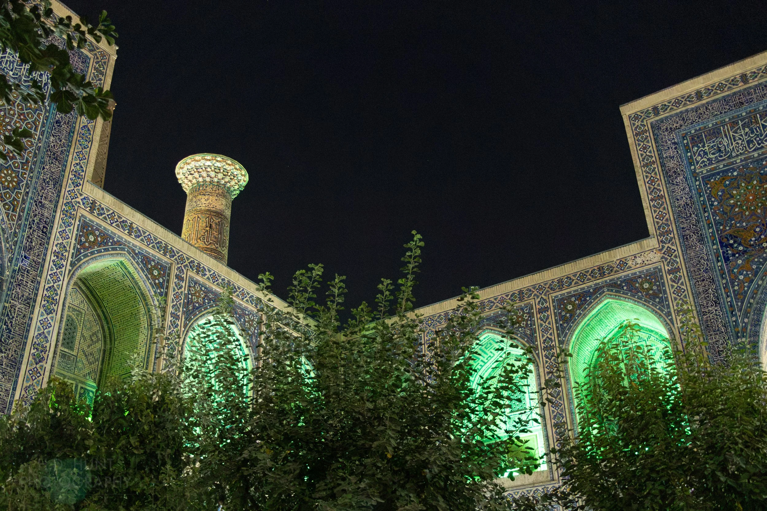 The courtyard of the Ulugh Beg Madrasa at night, Registan, Samarkand, Uzbekistan.