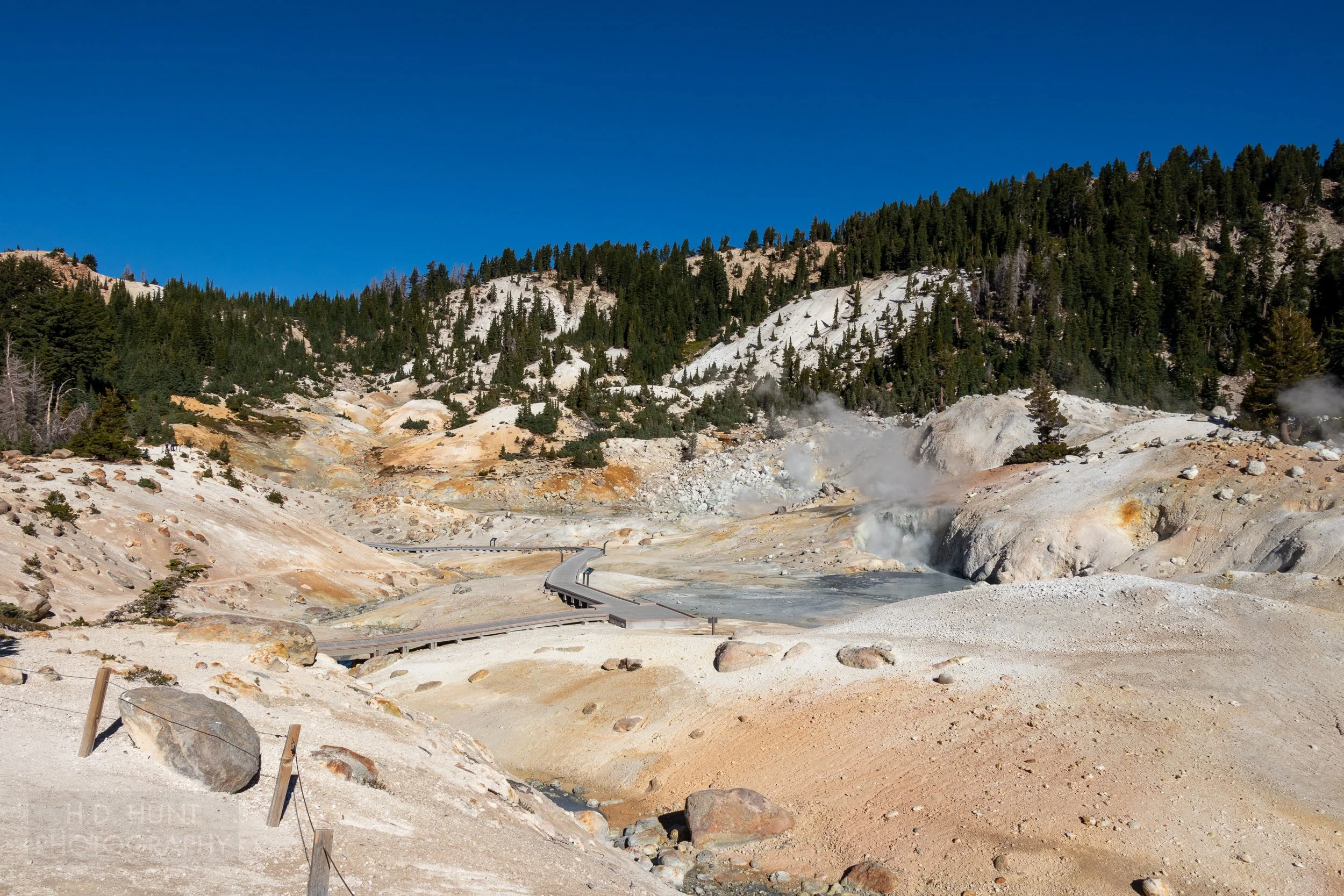 Steam rises above water crossed by a walkway in a deep valley of tan and white colored rock flanked by pine trees in Lassen Volcanic National Park, California, United States.