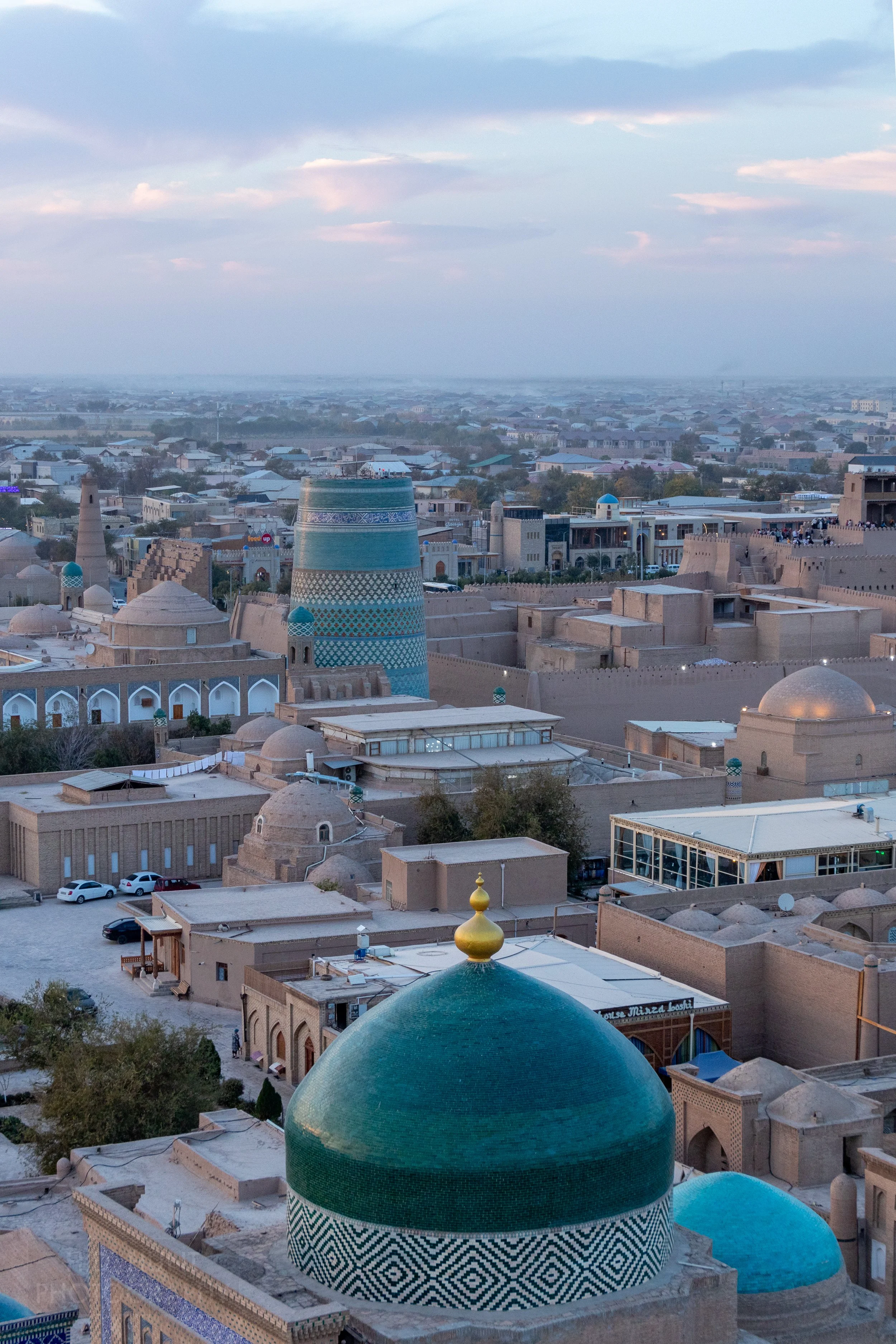 The Itchan Kala of Khiva is seen from the top of the Islam Khoja Minaret, Khiva, Uzbekistan.