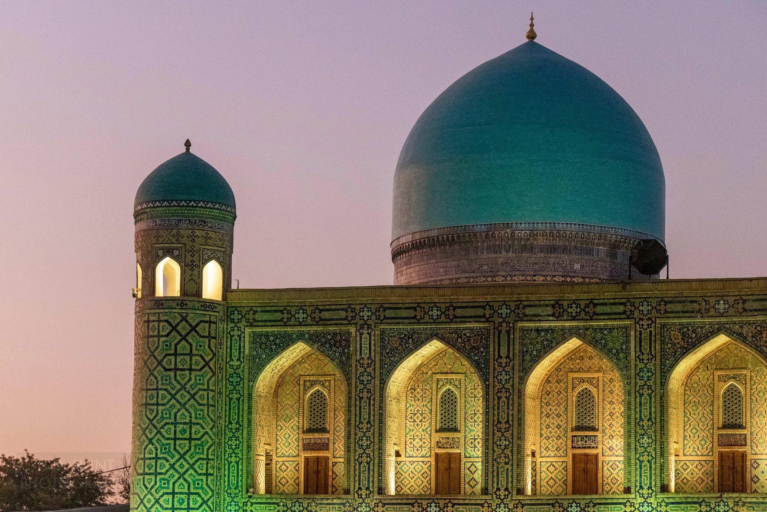 Close-up of the large blue dome at the Tilya Kori Madrasa at the Registan, Samarkand, Uzbekistan.