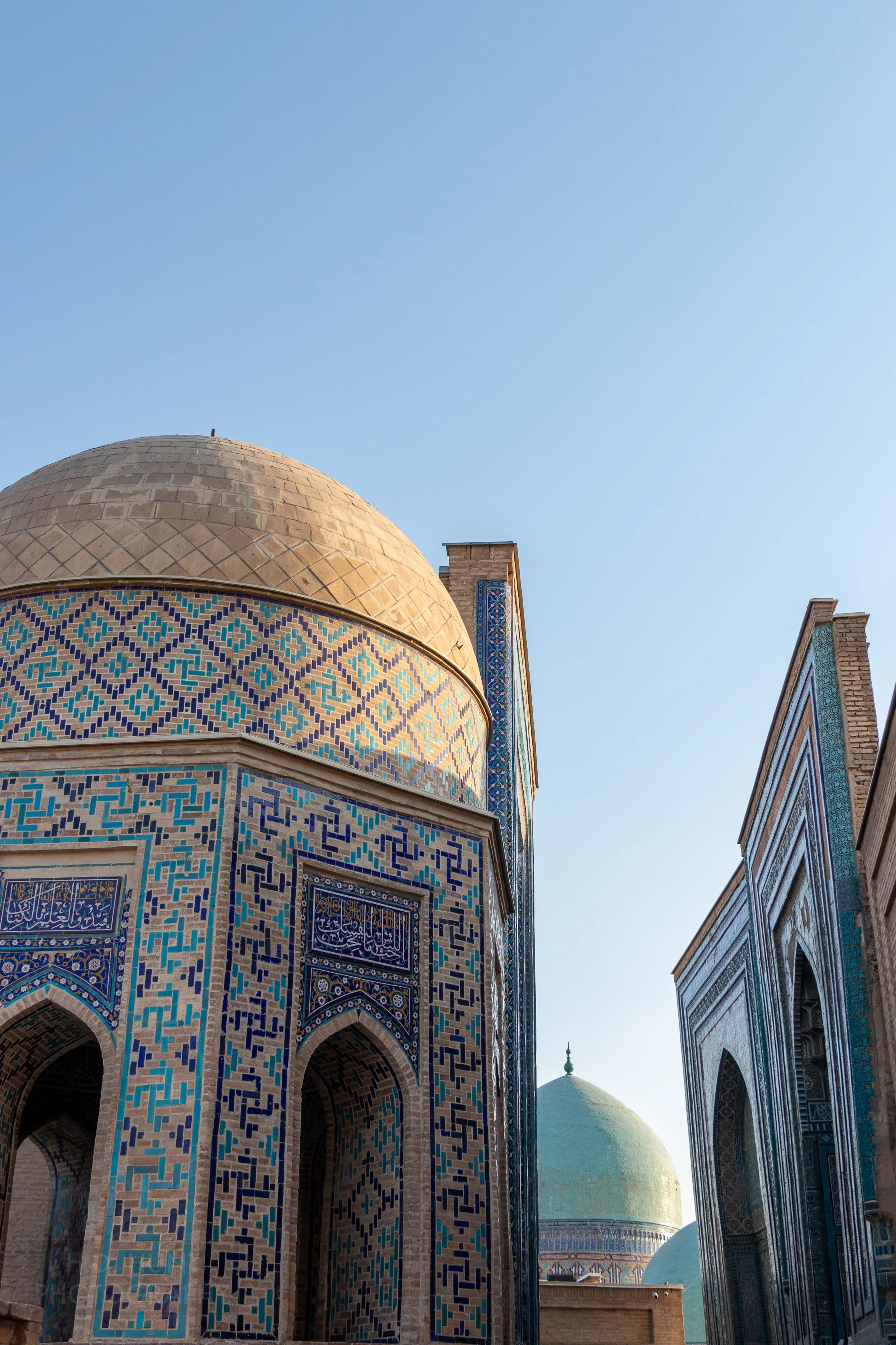 Exterior of several mausoleums at the Shah-i-Zinda necropolis in Samarkand, Uzbekistan.
