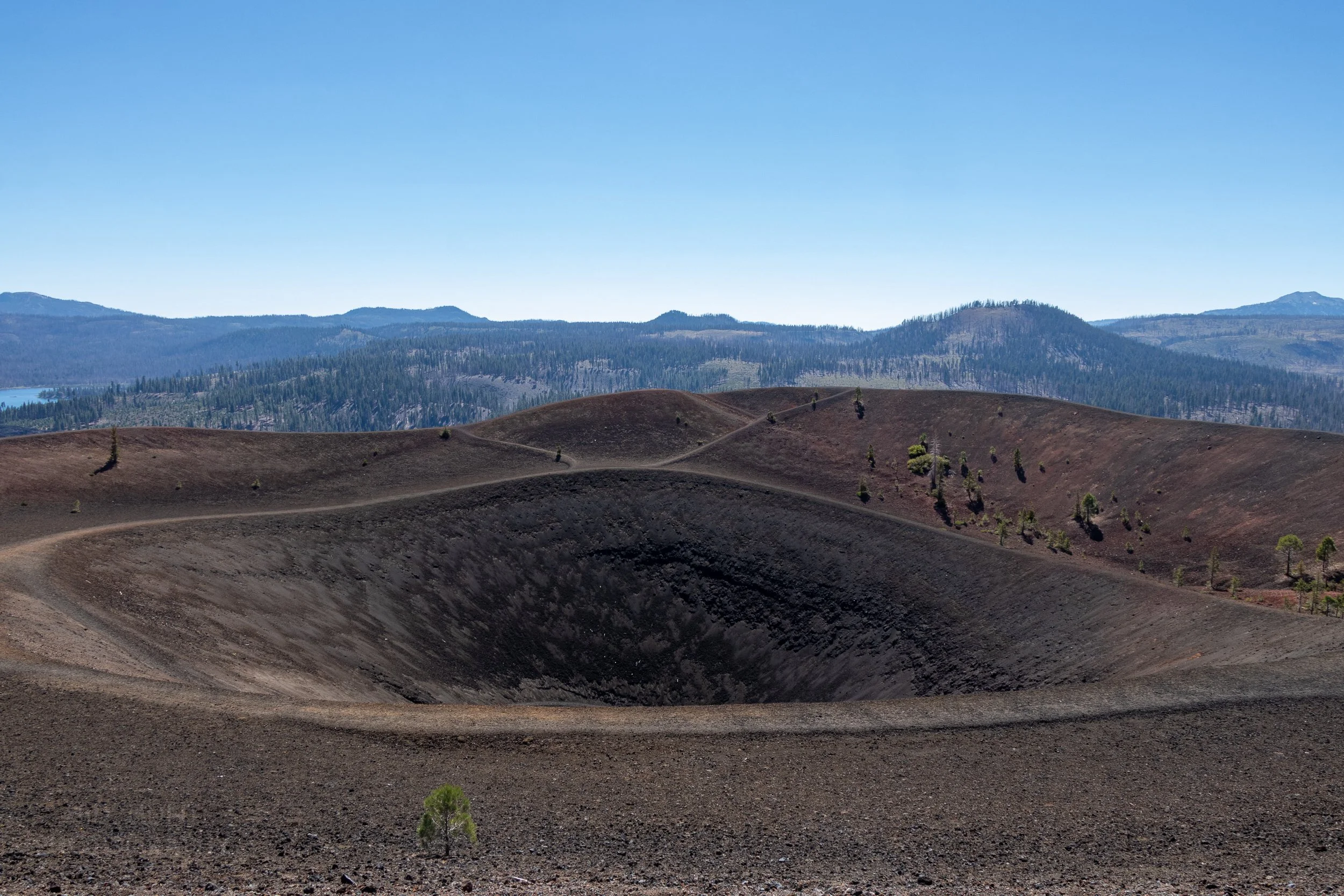 The deep inner crater of Cinder Cone volcano is seen in Lassen Volcanic National Park, California, United States.