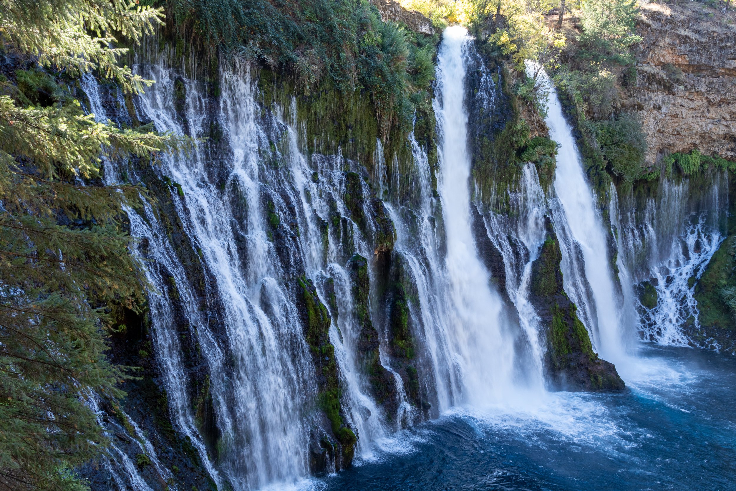 Multiple cascades of water fall over a green plant covered rocky cliff, Burney Falls, California, United States.