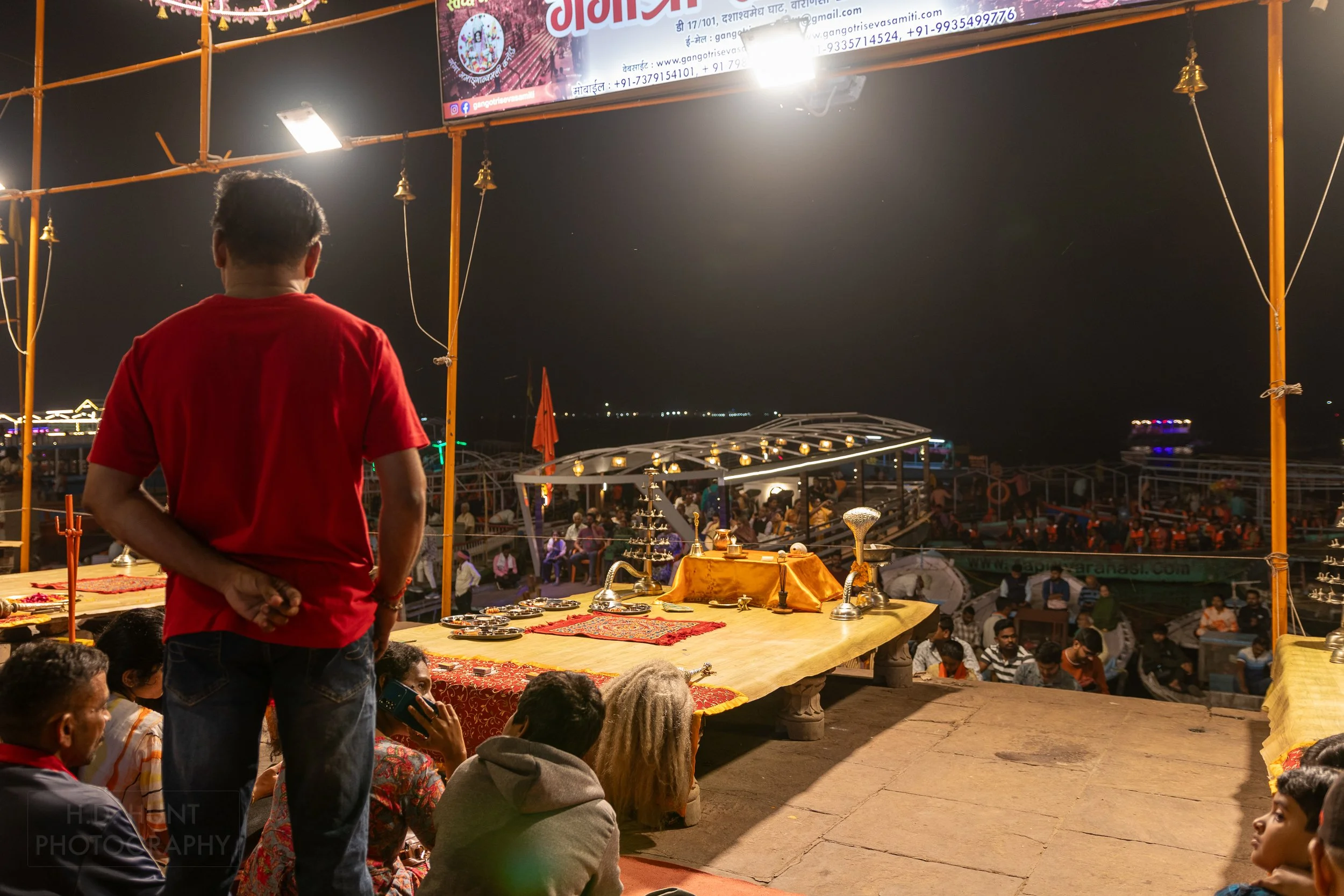 A dais containing Hindu religious items prepared for an evening ceremony, Varanasi, India.