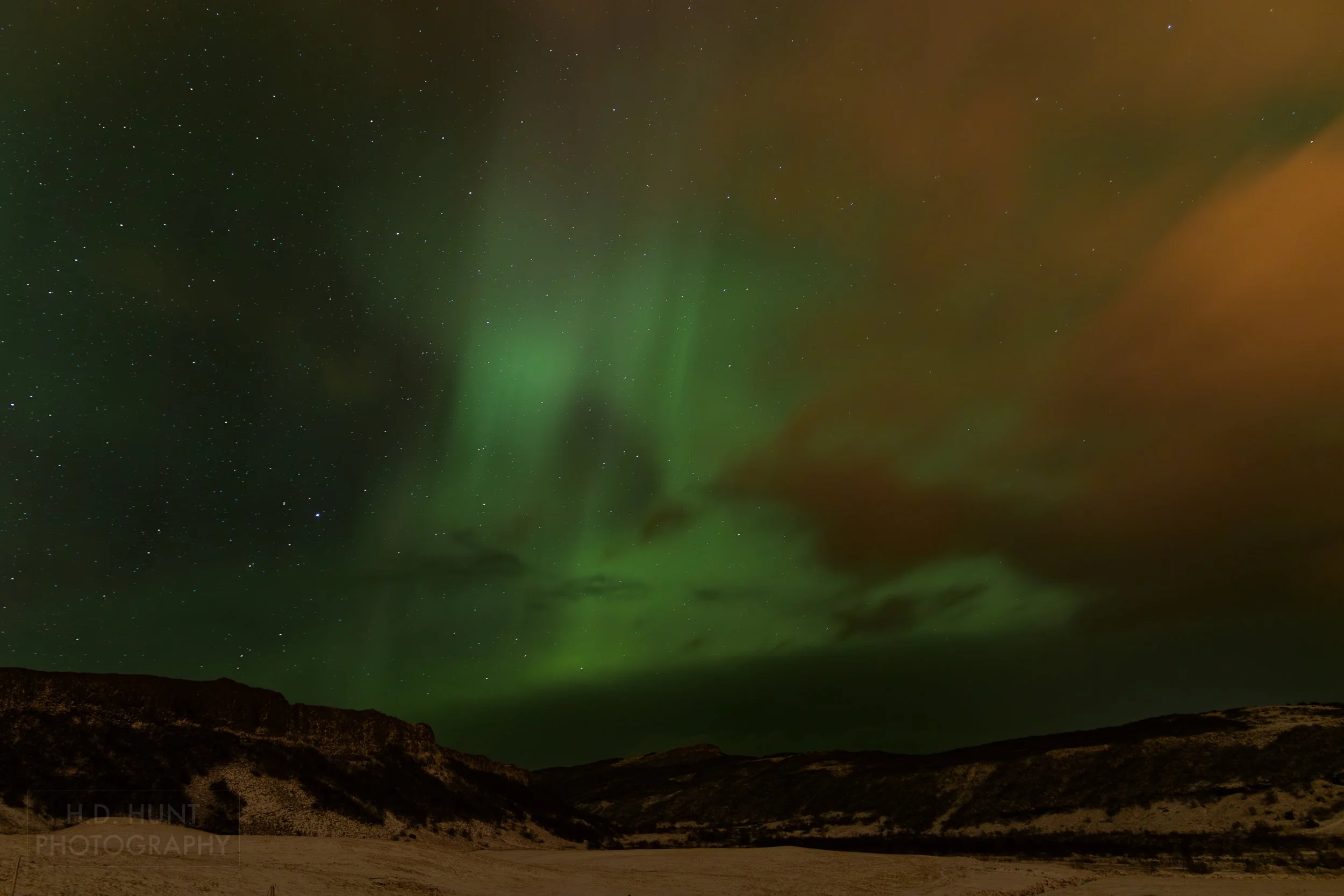 The green light of Aurora Borealis - the Northern Lights - is seen north of Reykholt í Biskupstungum, Iceland.