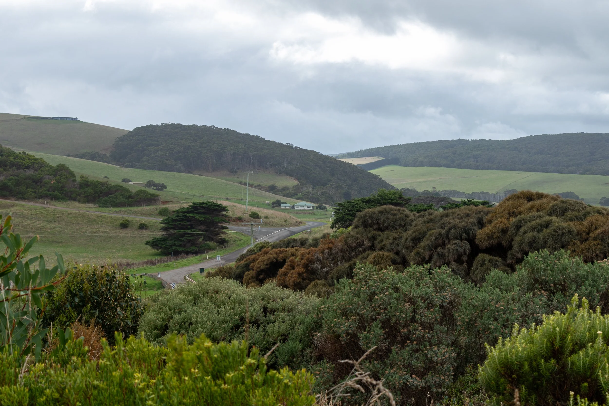 A cluster of green-roofed houses are seen beside a paved road near The Great Ocean Walk in Johanna, Victoria, Australia.