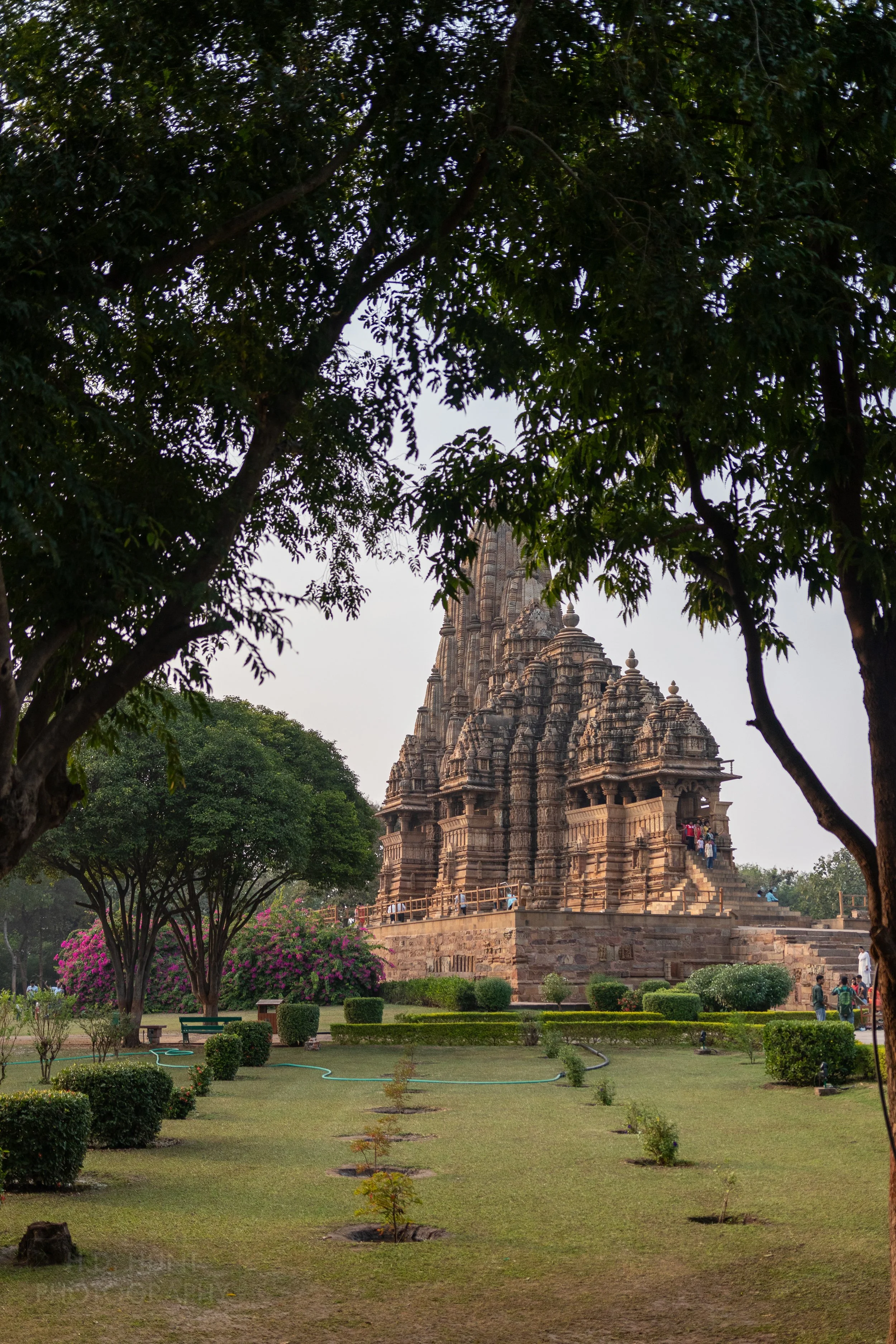 The main stone tower of Kandariya Mahadeva rises in front of manicured grass, Khajuraho Group of Monuments, India.