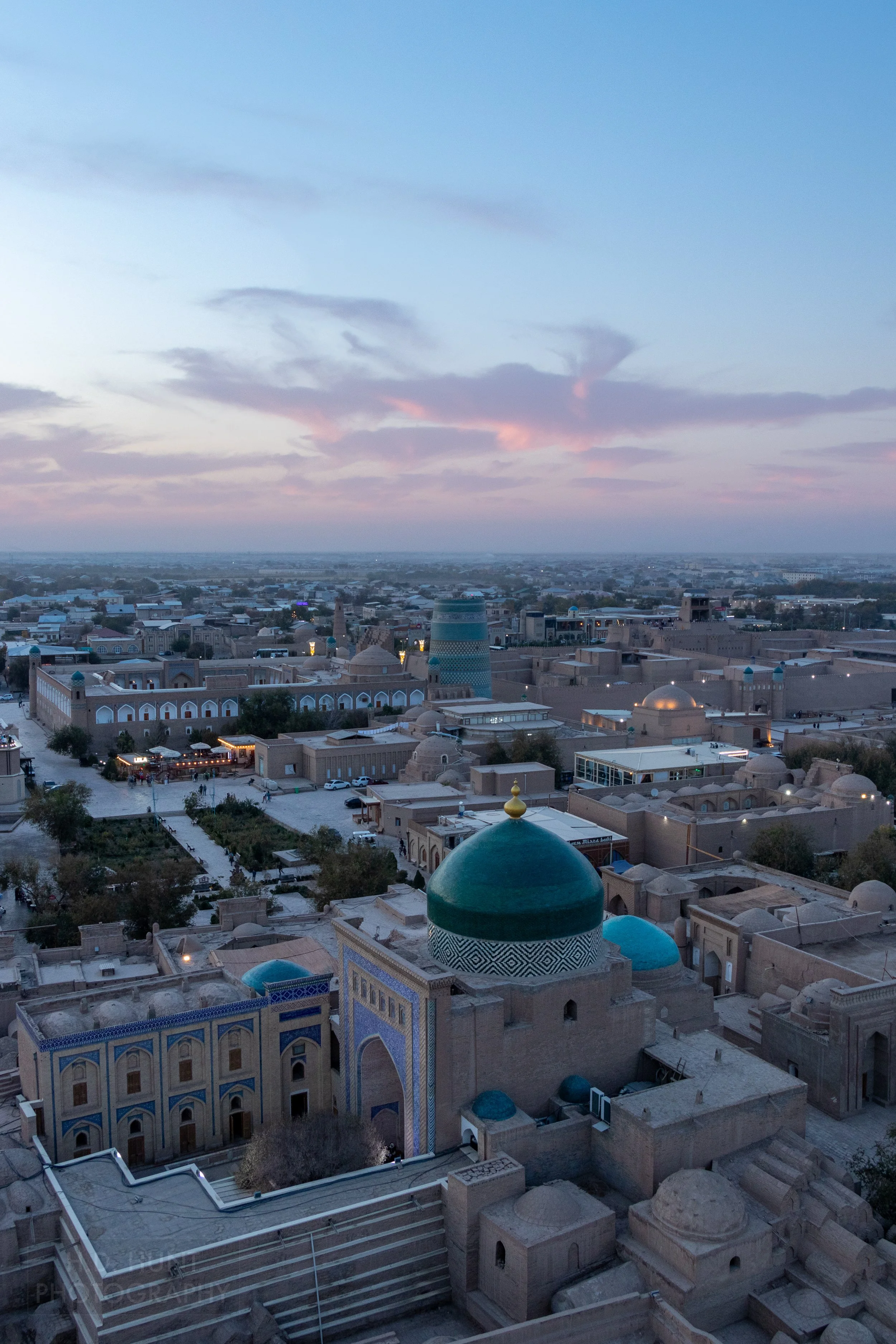 The Itchan Kala of Khiva is seen at sunset from the top of the Islam Khoja Minaret, Khiva, Uzbekistan.