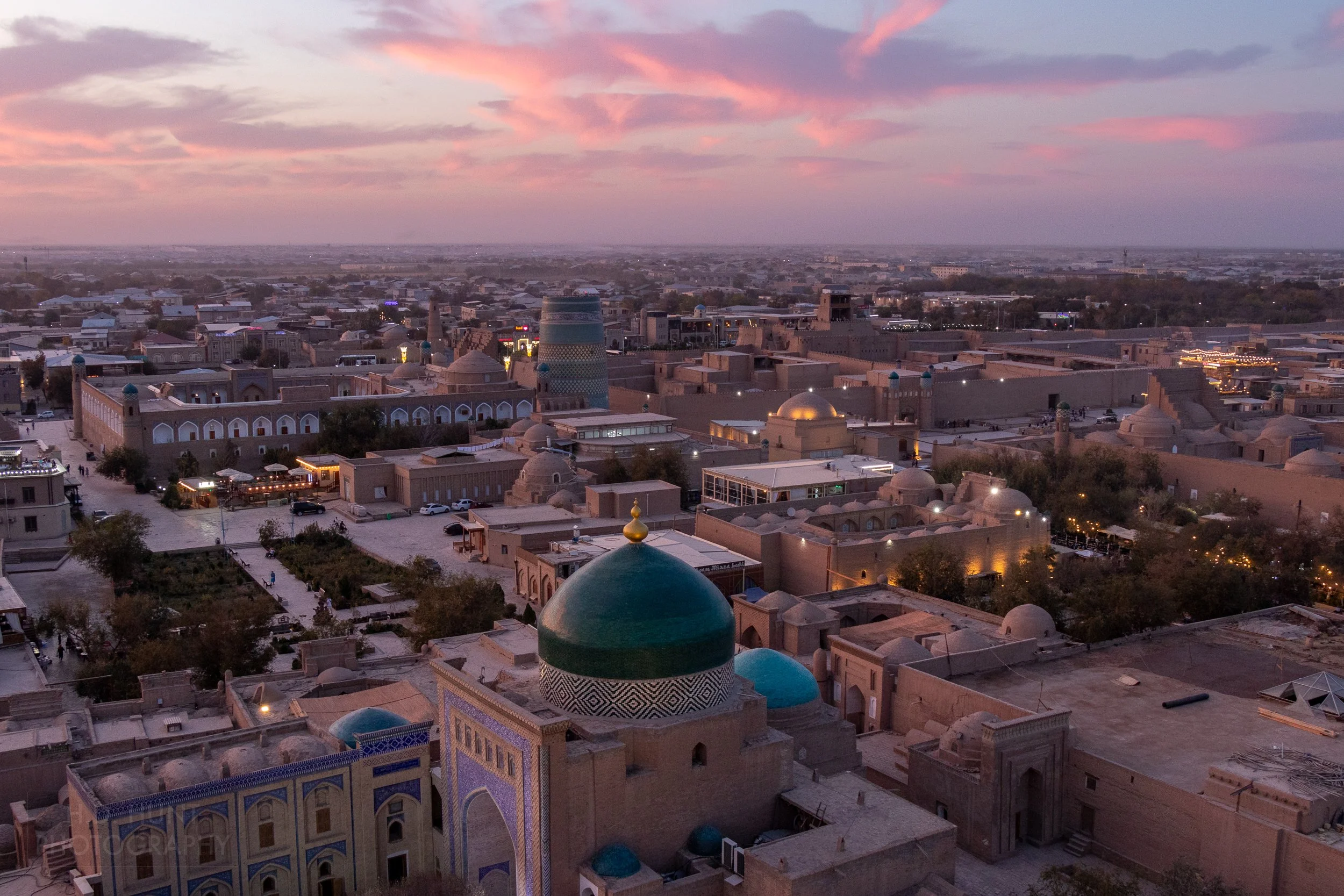 The Itchan Kala of Khiva is seen at sunset from the top of the Islam Khoja Minaret, Khiva, Uzbekistan.