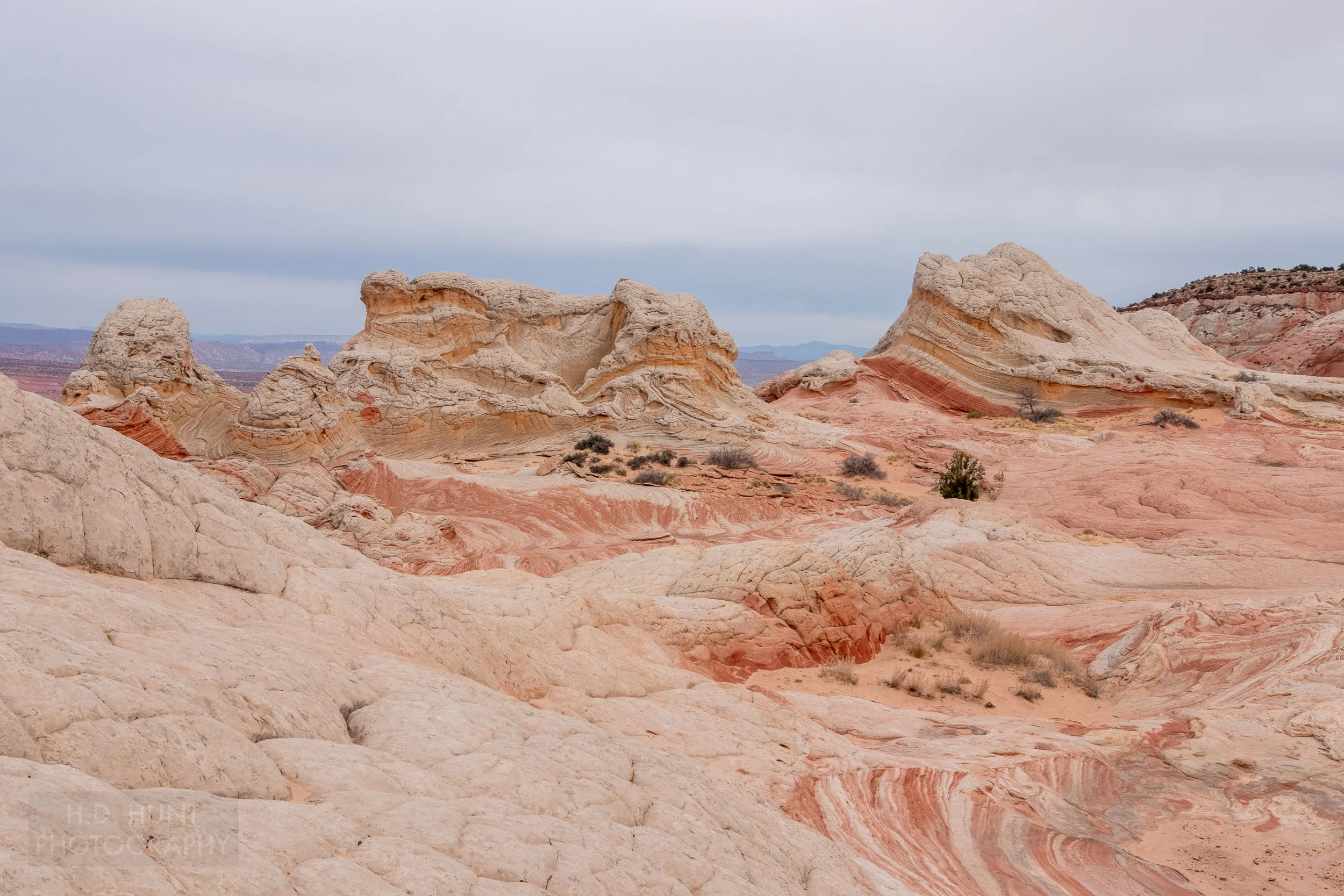 White rock formations rise above a desert floor of striped red and white sandstone, White Pocket, Vermillion Cliffs National Monument, Arizona, United States.