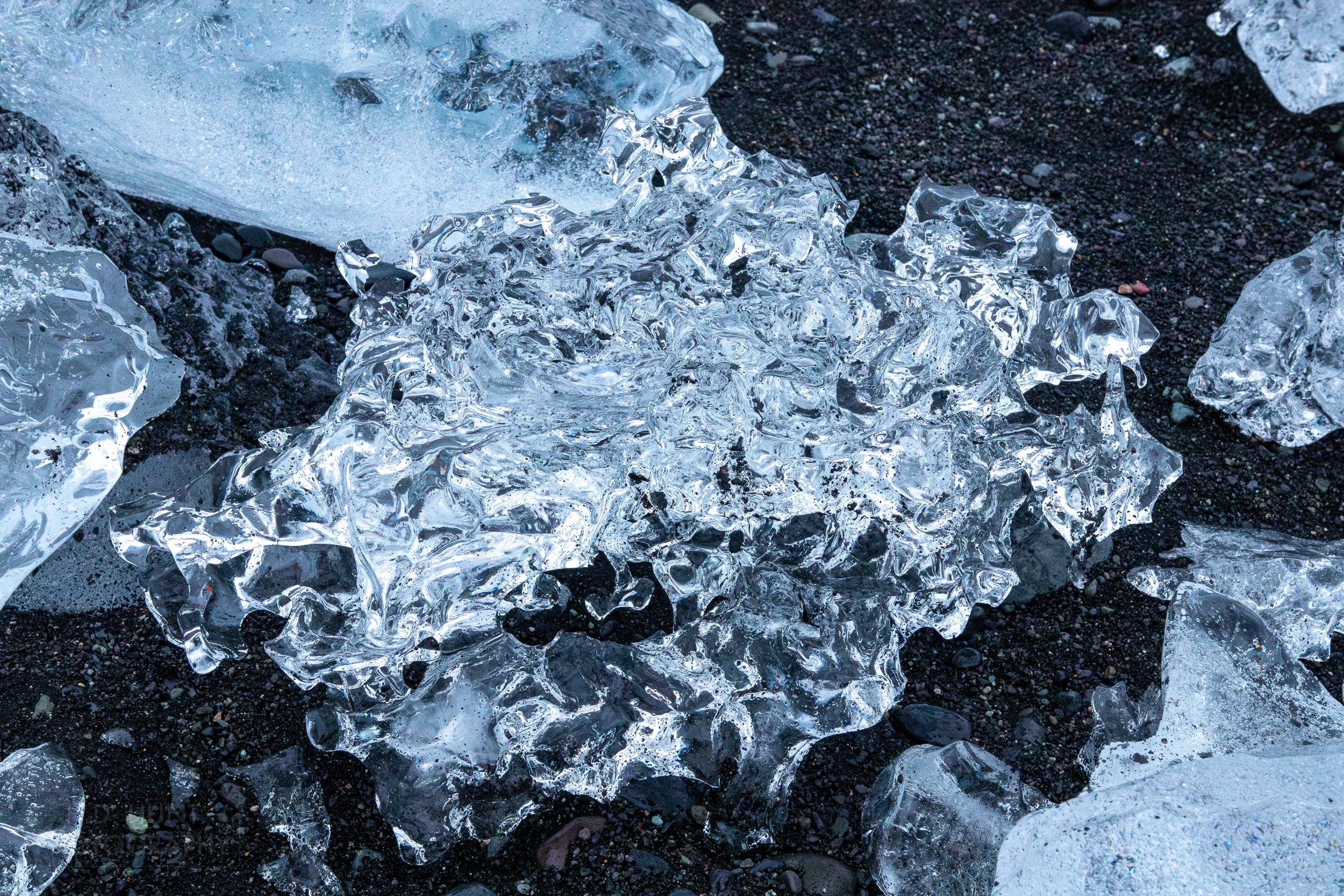 Large blocks of clear glacier ice sit on a dark black sand beach, Diamond Beach, Iceland.