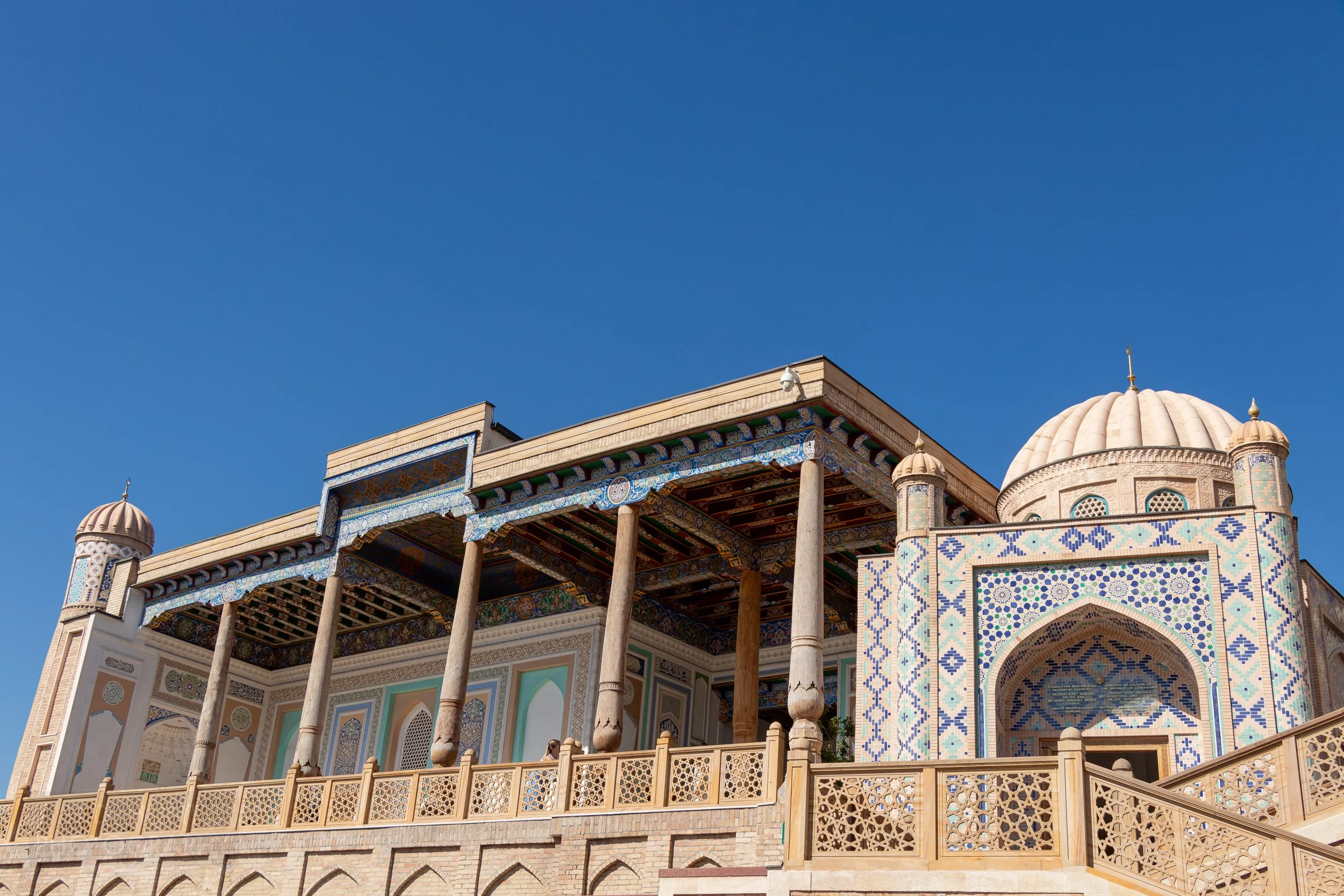 The facade of Hazrat Khizr Mosque, featuring five stone columns, Samarkand, Uzbekistan.