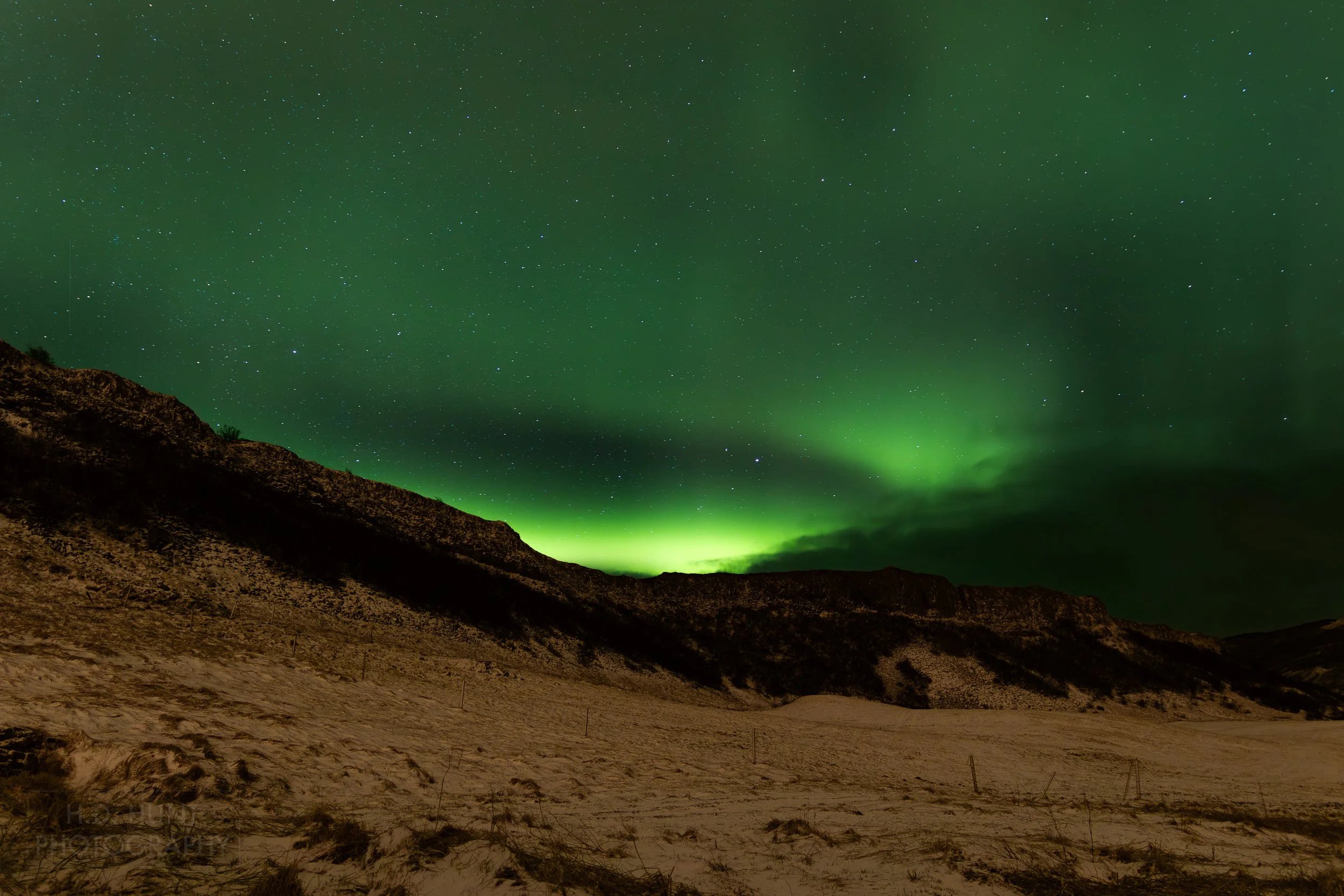 The green light of Aurora Borealis - the Northern Lights - is seen north of Reykholt í Biskupstungum, Iceland.