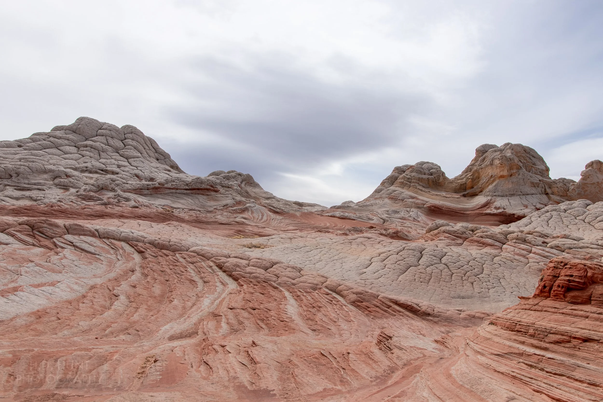 Heavily deformed white rock sits atop folded red and white striped sandstone, White Pocket, Vermillion Cliffs National Monument, Arizona, United States.