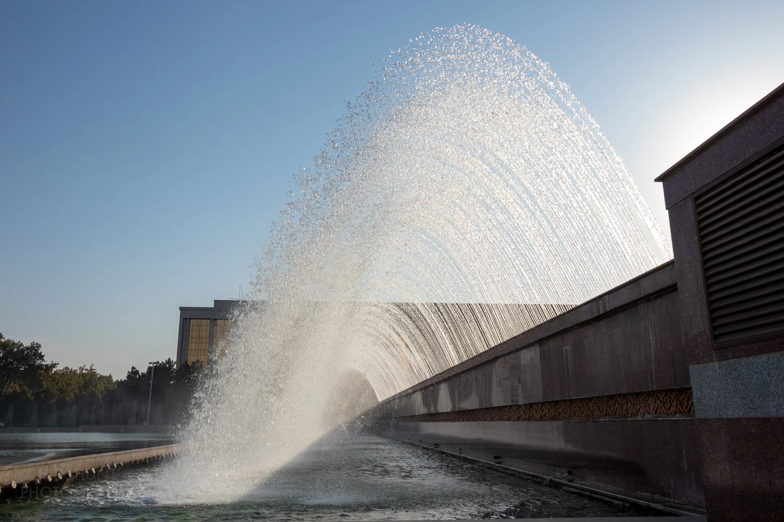 A fountain sprays water into a pool in Tashkent, Uzbekistan.