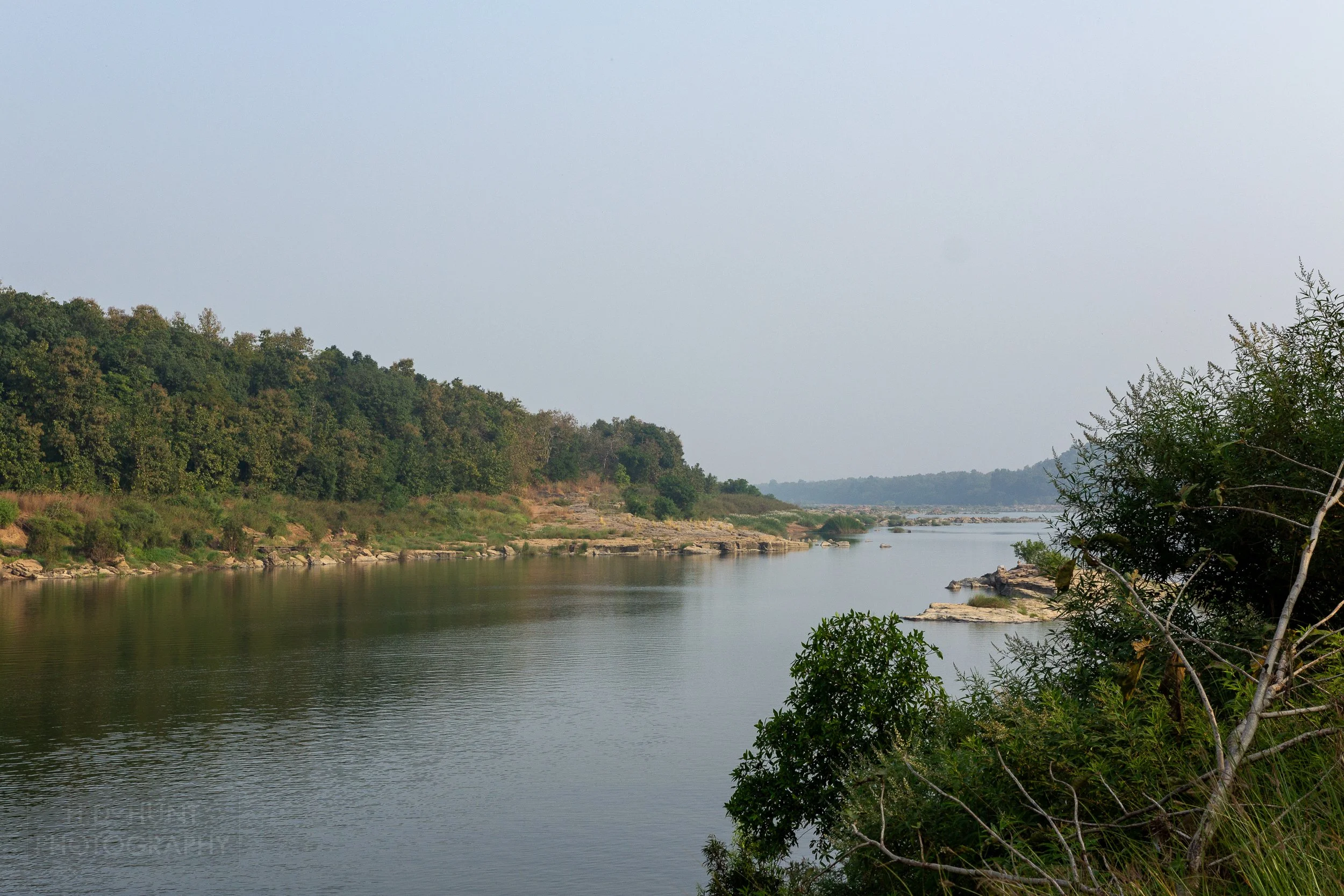 The still waters of the Ken River stretches into the distance, Panna National Park, India.