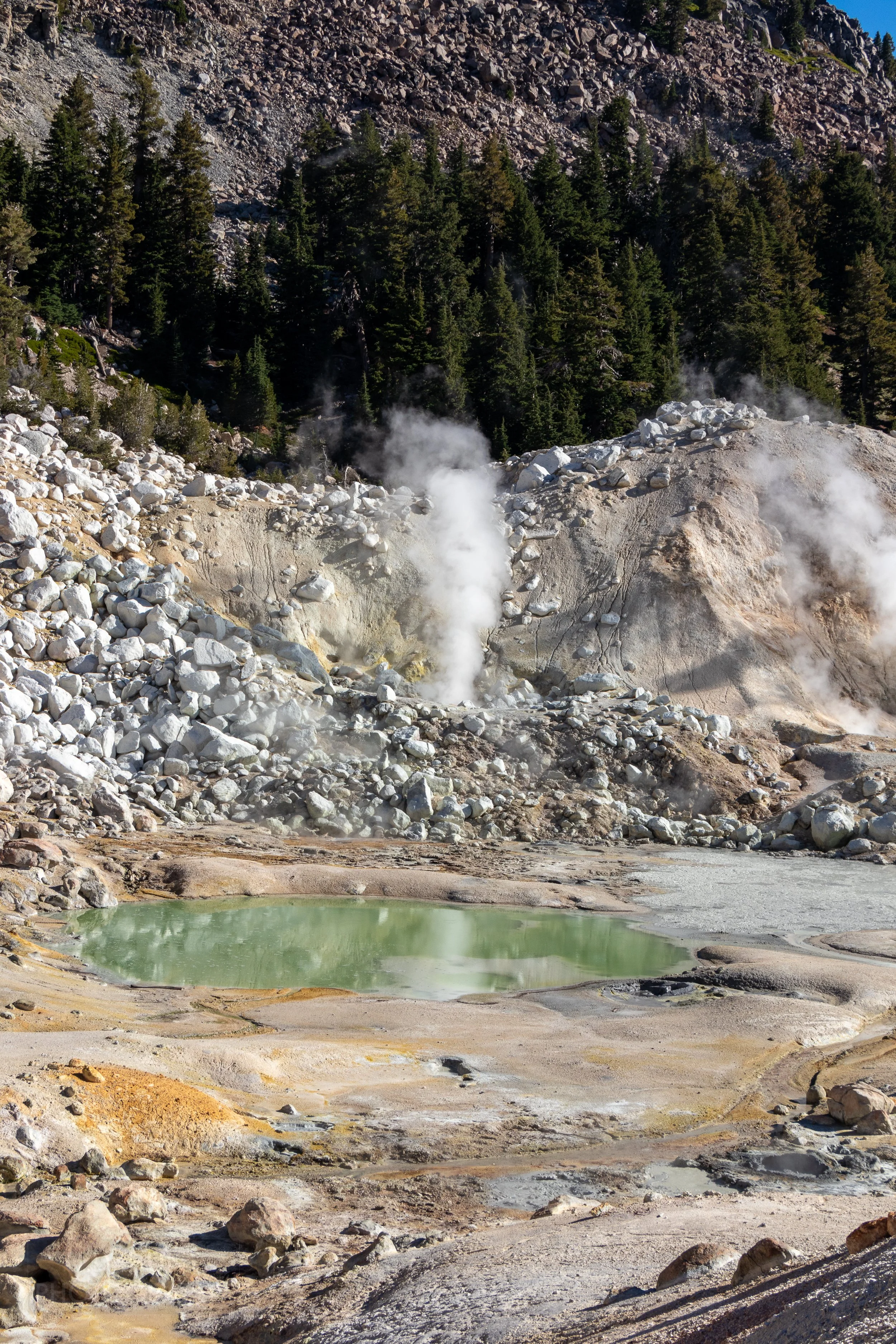 A green-colored pond sits in front of a wall of tan rock strewn with white boulders from which steam rises, Bumpass Hell, Lassen Volcanic National Park, California, United States.