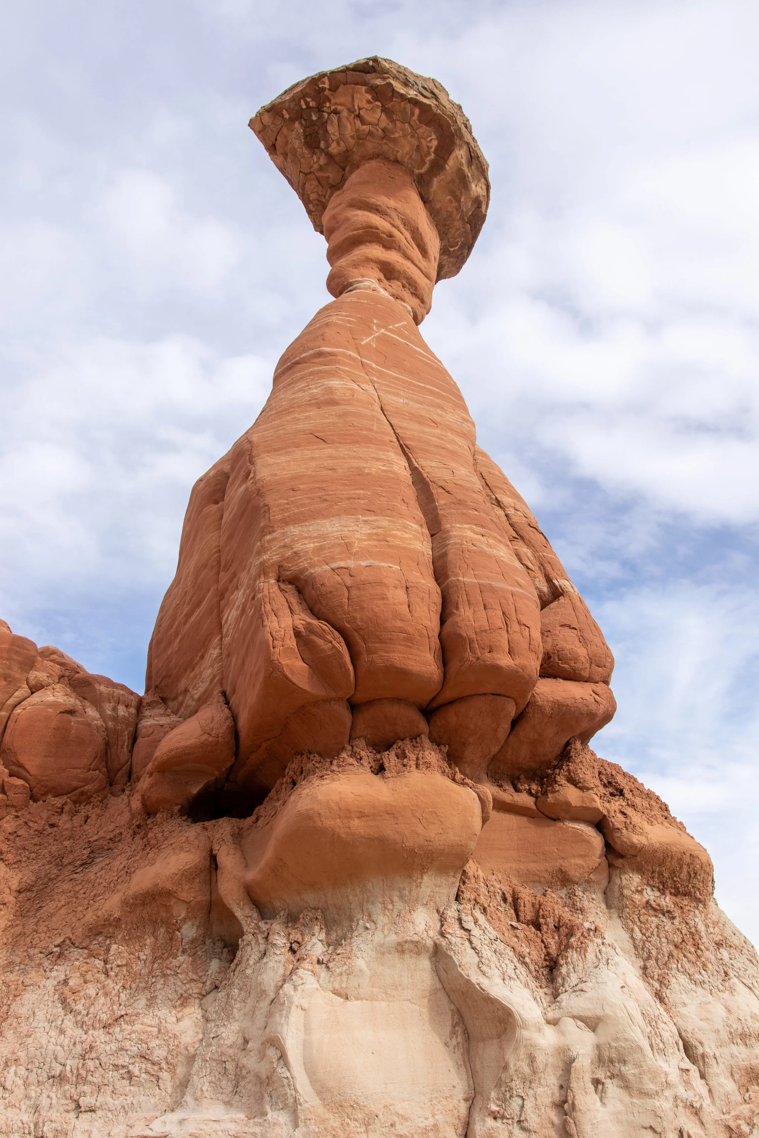 A large red sandstone column of rock with a flat boulder balanced on top of the column sits above a white rock valley, Toadstool Hoodoos, Grand Staircase - Escalante National Monument, Utah, United States.