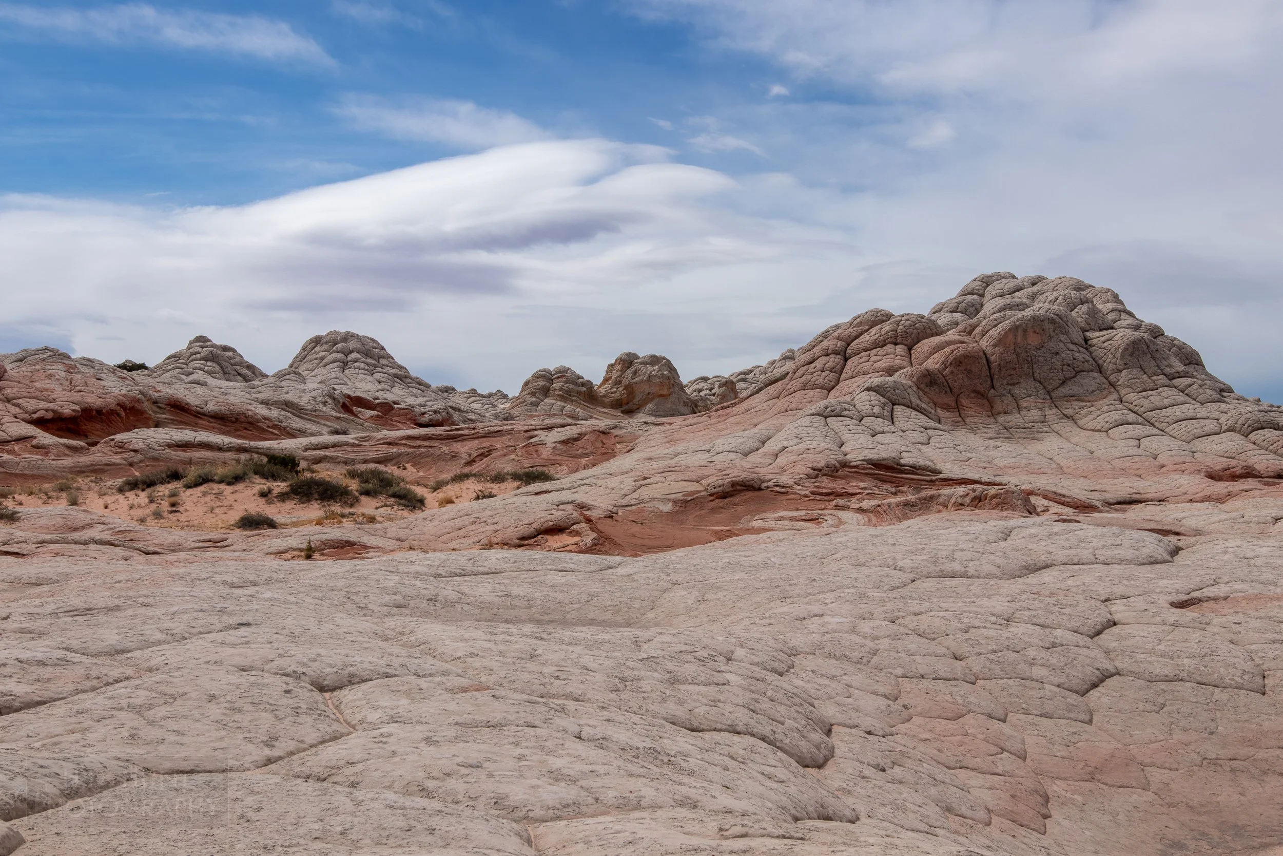 White rock resembling cauliflower or elephant's skin sits beneath a cloudy sky at White Pocket, Vermillion Cliffs National Monument, Arizona, United States.