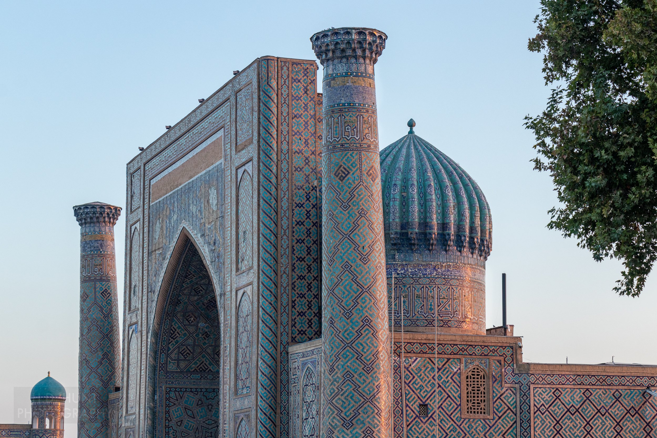 The Sher-Dor Madrasa at sunrise, Registan, Samarkand, Uzbekistan.