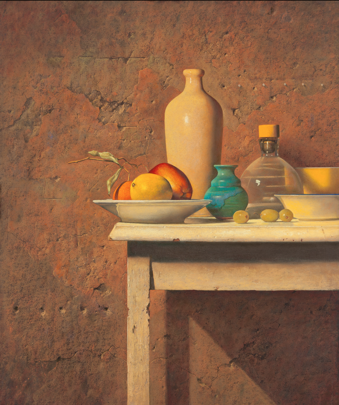 Ron Monsma, Blue and Yellow Vase on a White Table Pastel, 24x20 in.