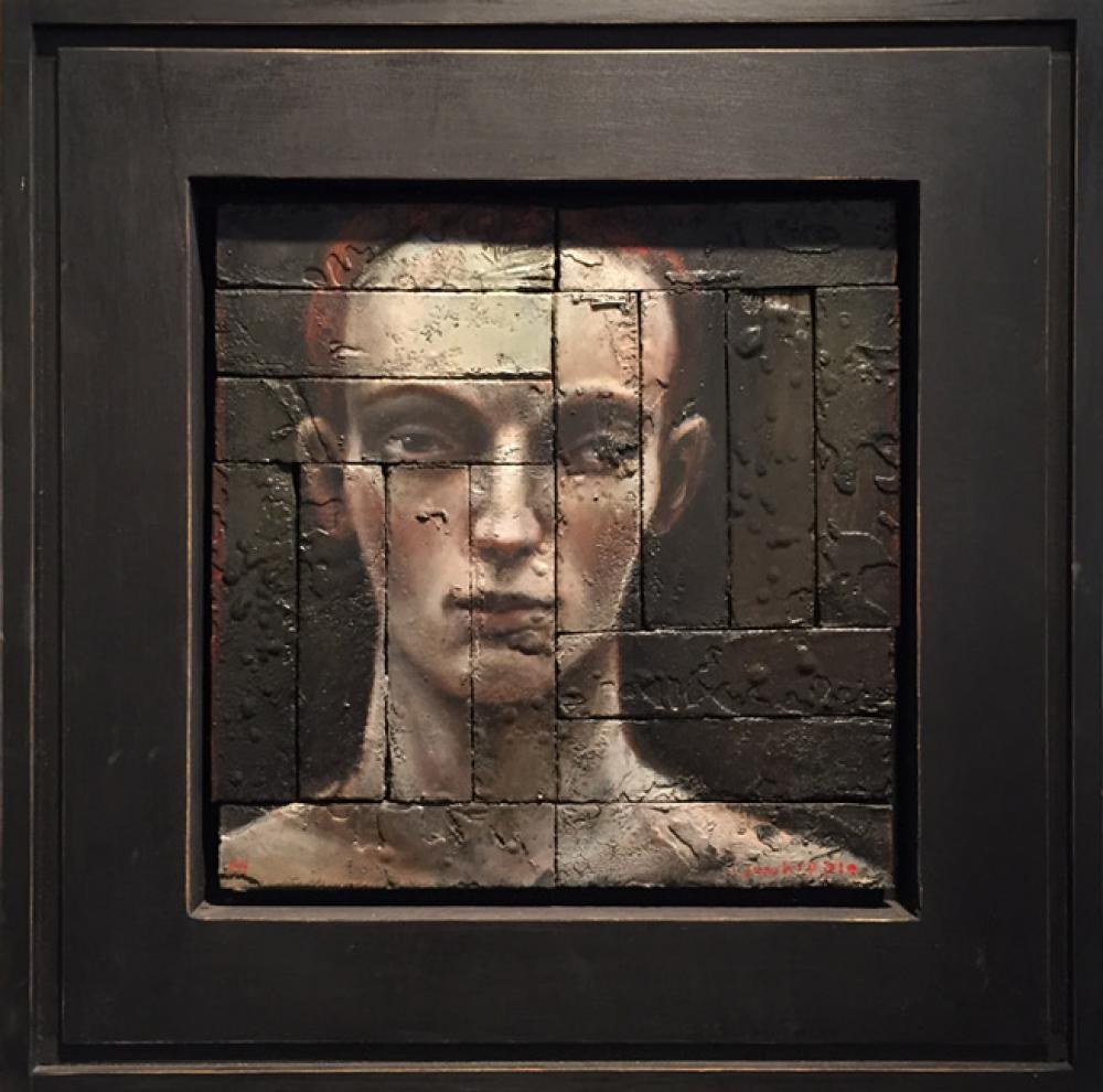 John Whipple, Will Oil on Parquet Salvage, 16x16 in.
