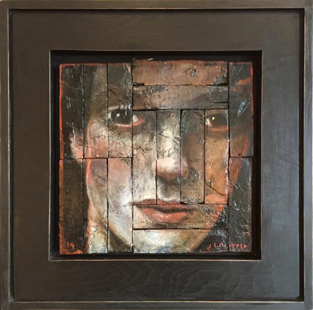 John Whipple, Mick Oil on Parquet Salvage, 16x16 in.