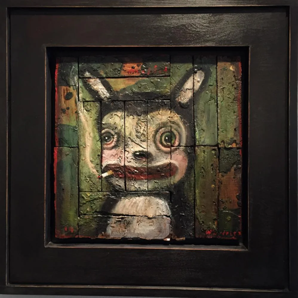 John Whipple, MISFITS- Chain Smoker Oil on Parquet Salvage 16IN. X 16IN.