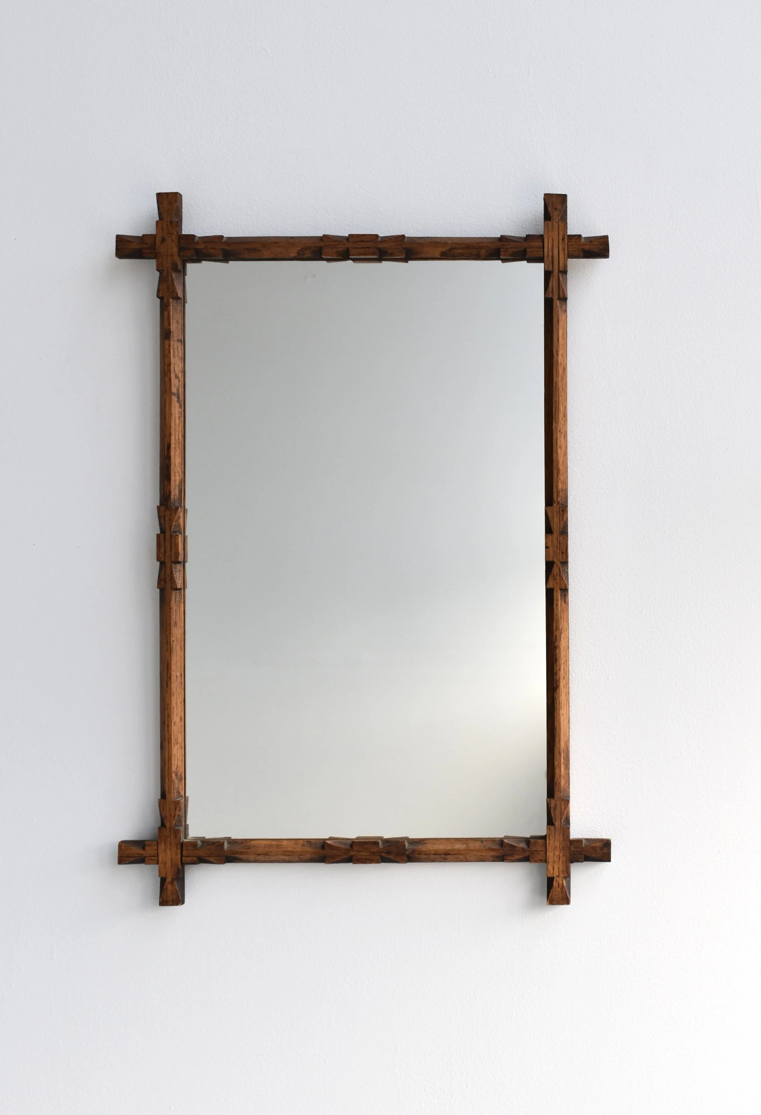 Antique Geometric Carved Oak Frame + Mirror, Circa Early 20th Century