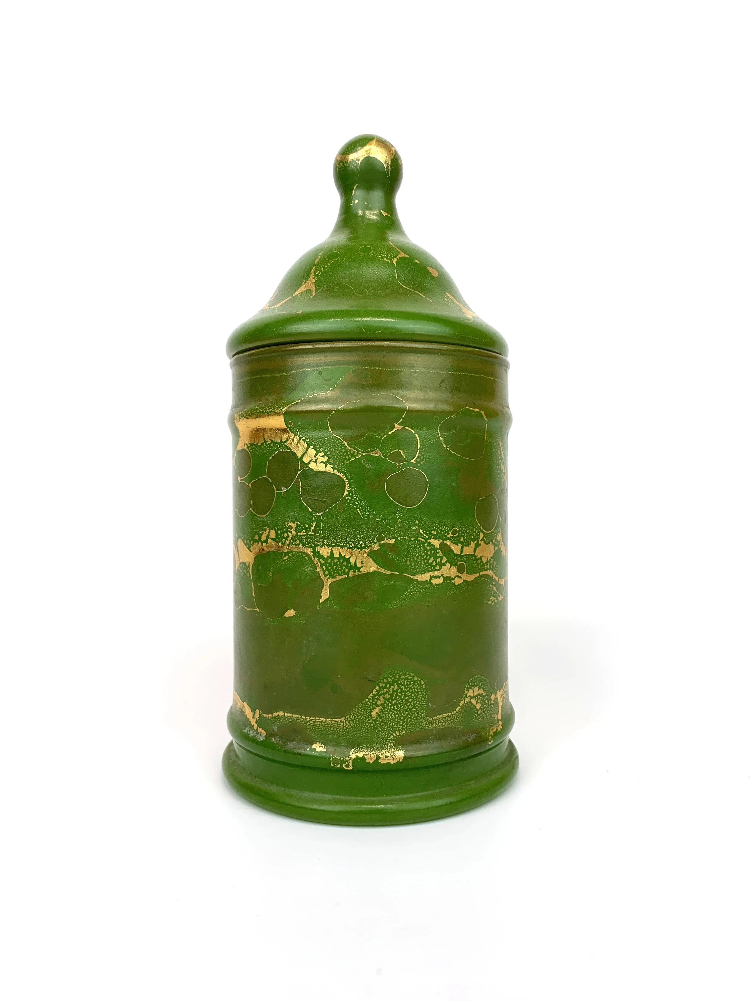 Vintage Hollywood Regency Marbled Painted Glass Lidded Apothecary/Vanity Jar