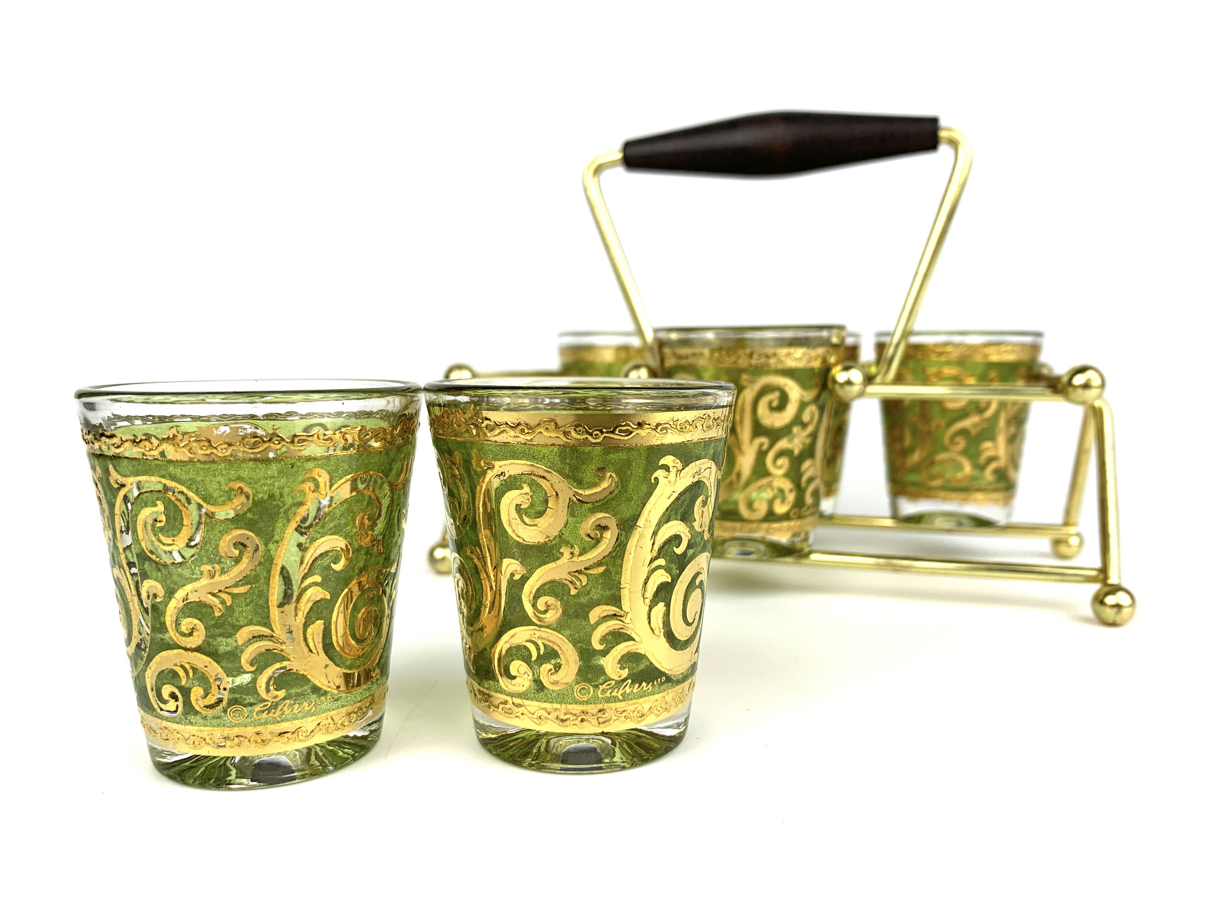 Vintage 1960s 22k Culver Ltd. Barware Shot Glass Set with Caddy   portmanteau new york