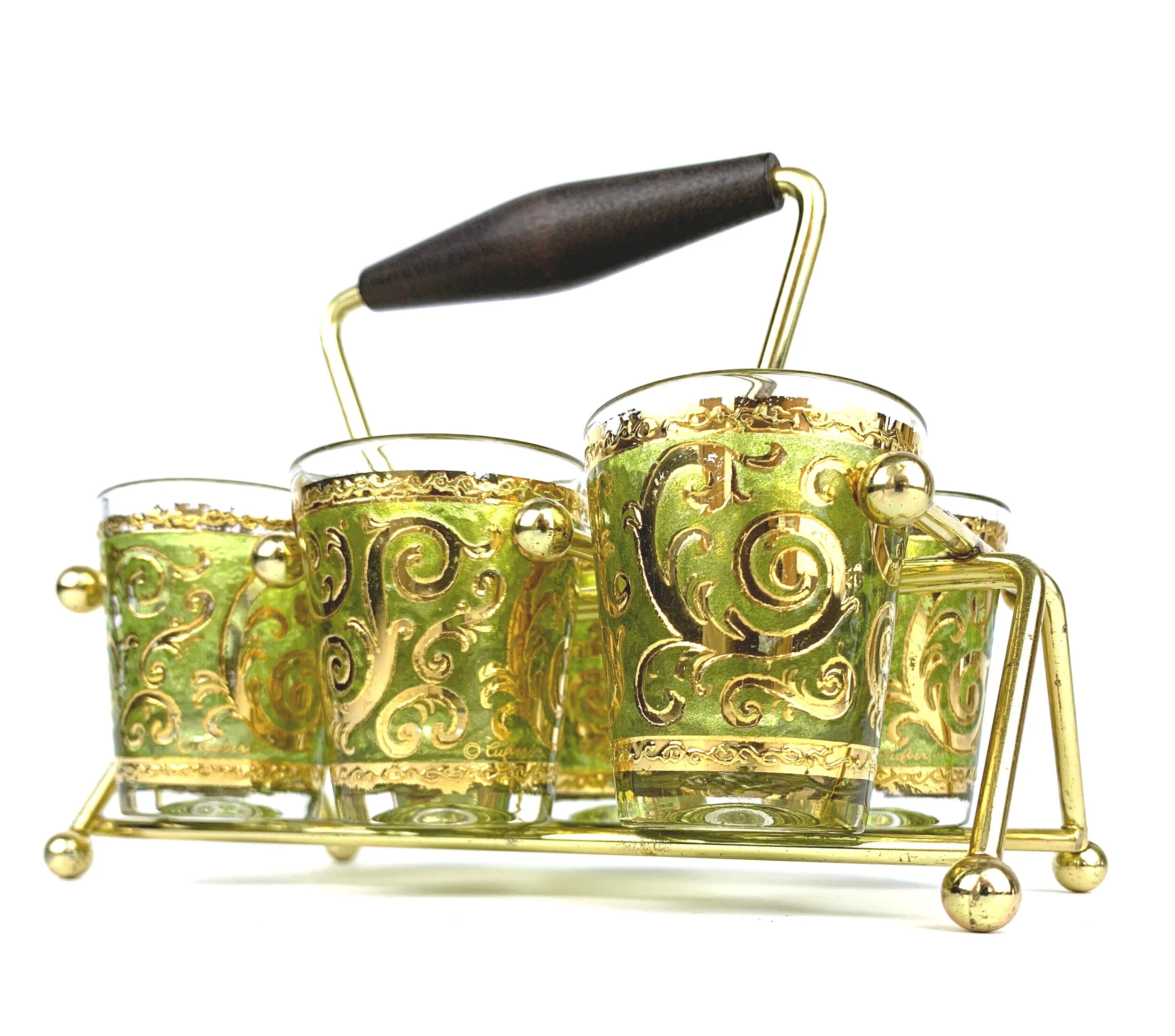 Vintage 1960s 22k Culver Ltd. Barware Shot Glass Set with Caddy   portmanteau new york