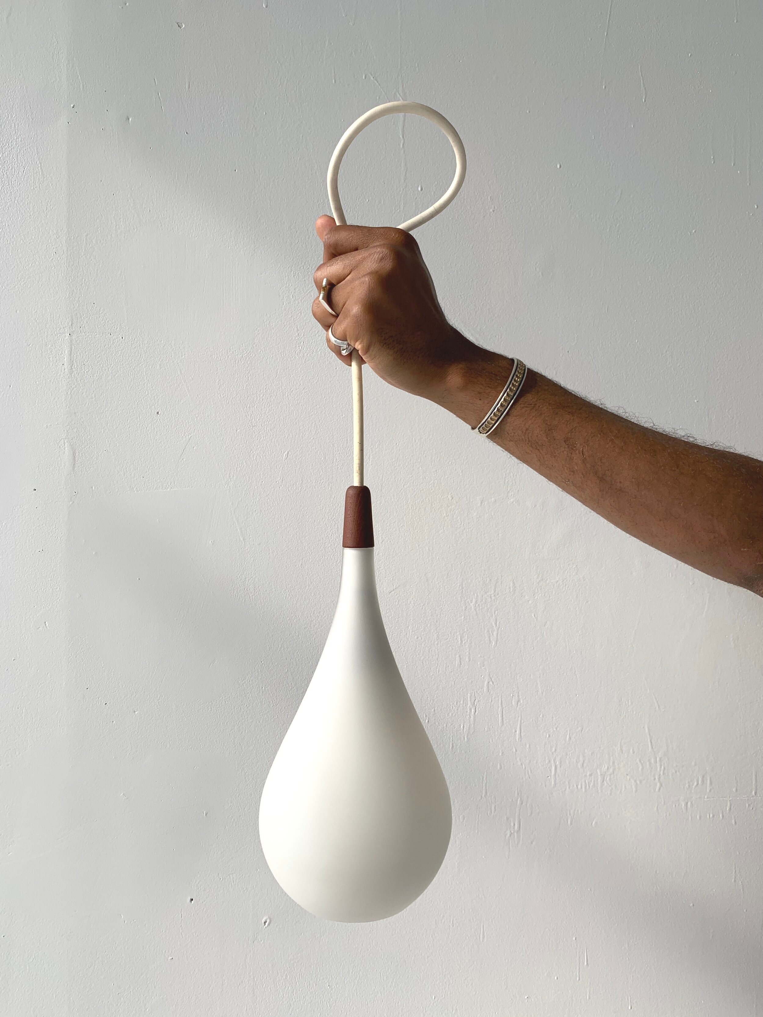 Vintage Holmegaard, Denmark Satin Glass + Teak Pendant Lamp, Circa 1960s