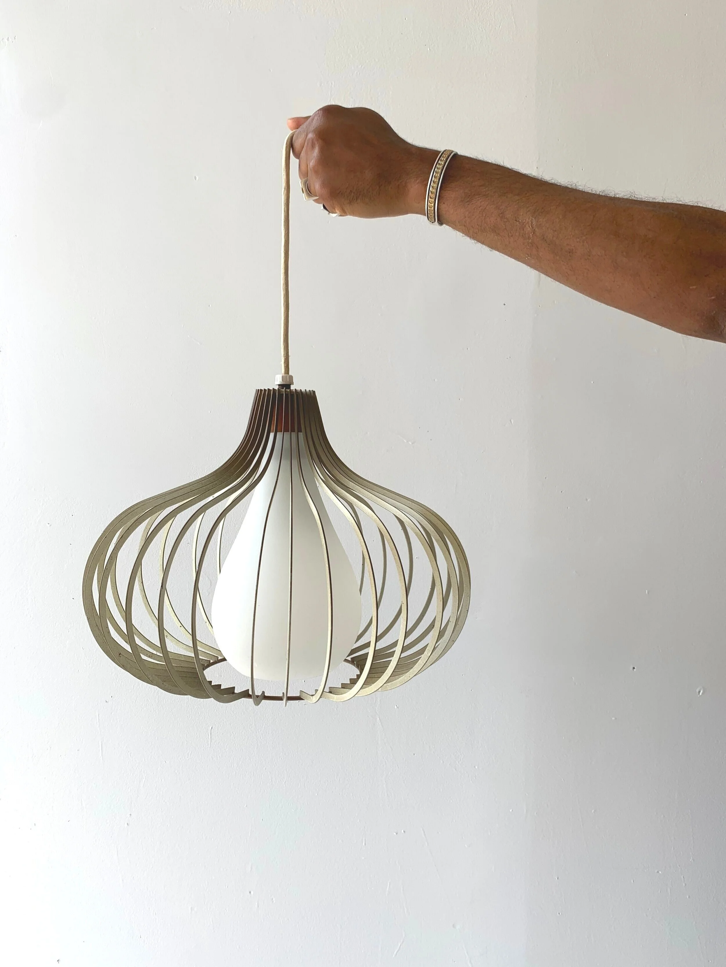Vintage Metal Cage Frame, Satin Glass + Teak Pendant Lamp, Circa 1960s, in the Manner of Holmegaard, Denmark 