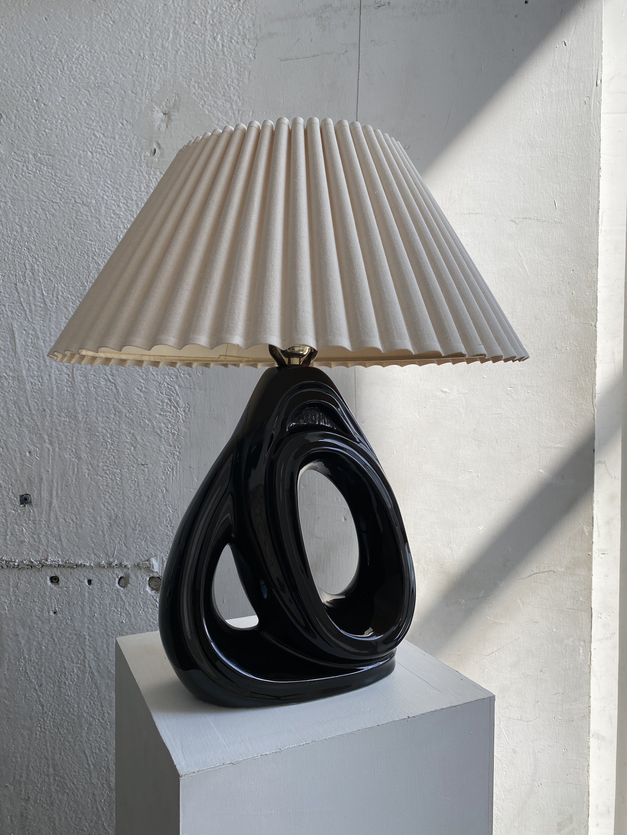 Vintage Sculptural Black Ceramic Lamp Paired with Pleated Shade, Circa 1960s 
