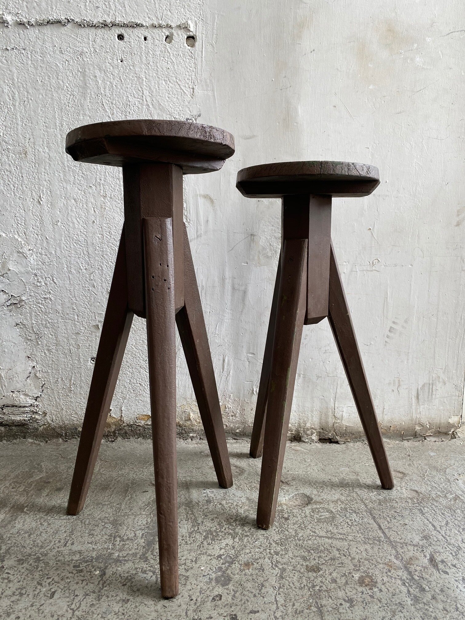 Antique Rustic Painted Wood Tripod Side Tables