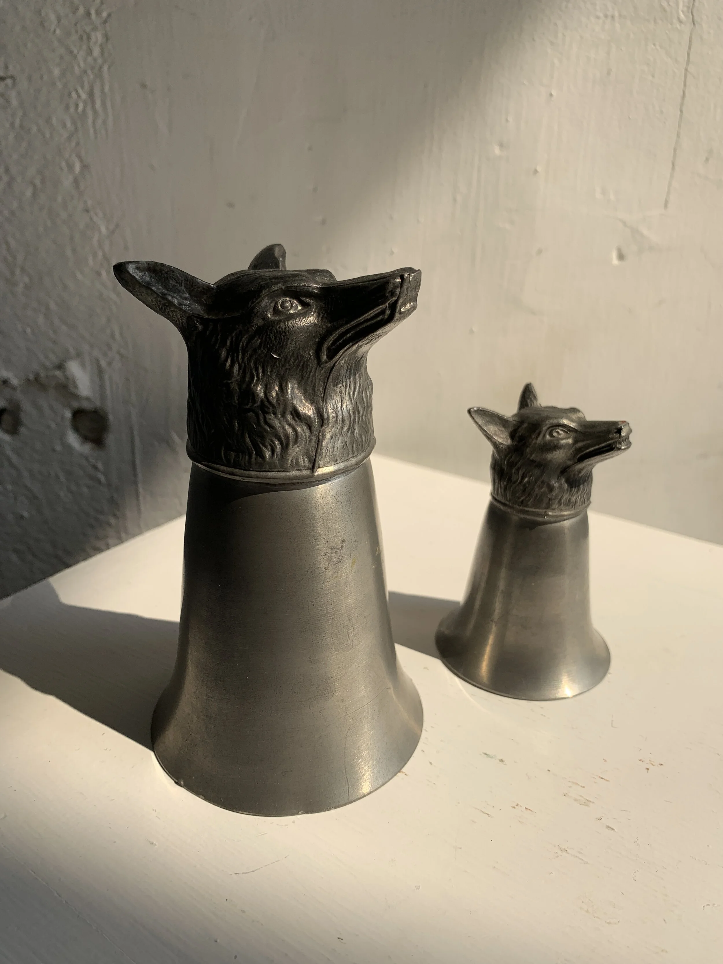Antique Pewter Wolf Stirrup Cup / Jigger Pair