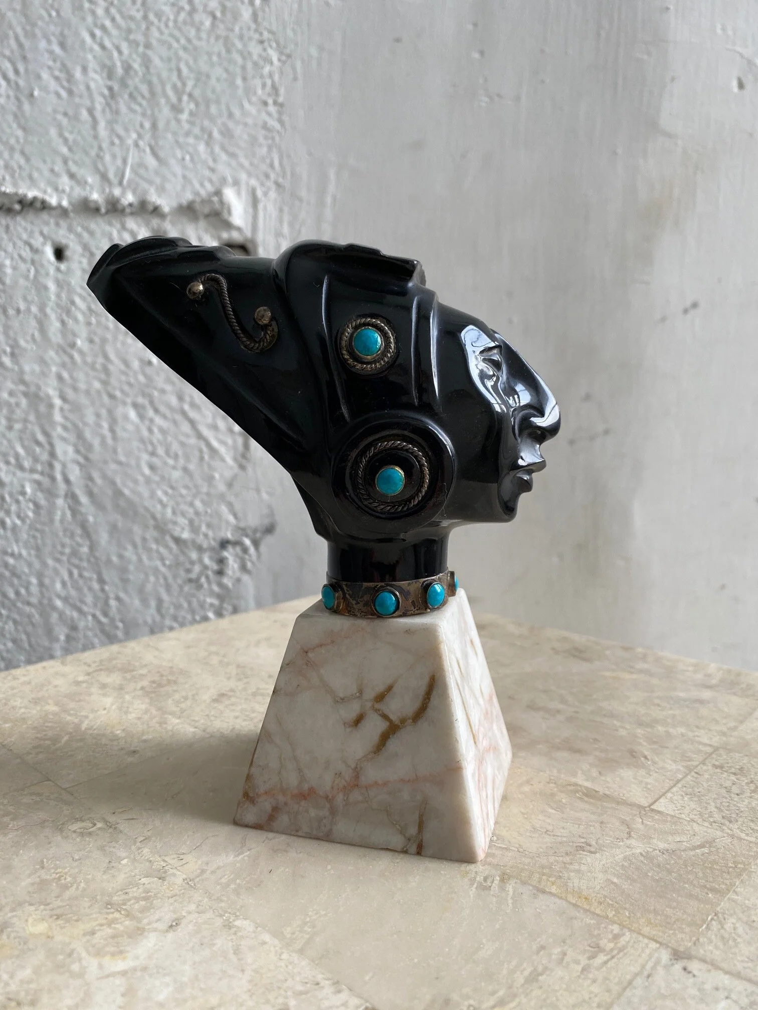 Vintage Carved Obsidian Mexican Aztec Warrior Bust with Silver and Turquoise on Marble Base, Circa 1960s