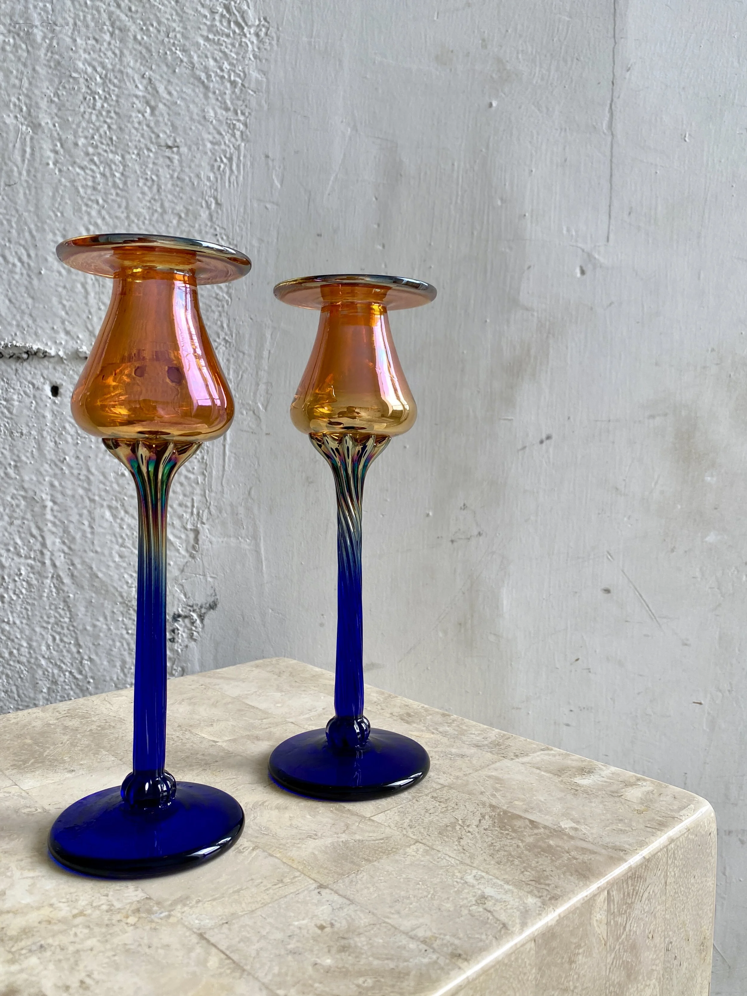 Vintage Blue and Orange Handblown Candlesticks