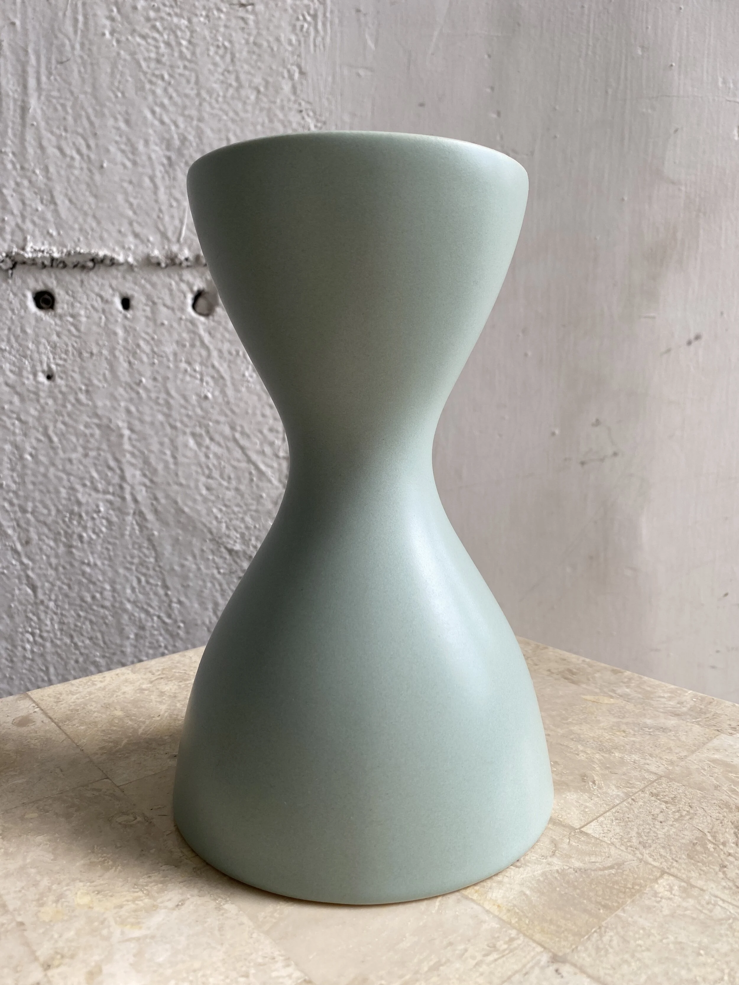 Vintage Mid Century Romanian Light Teal Hourglass Ceramic Vase
