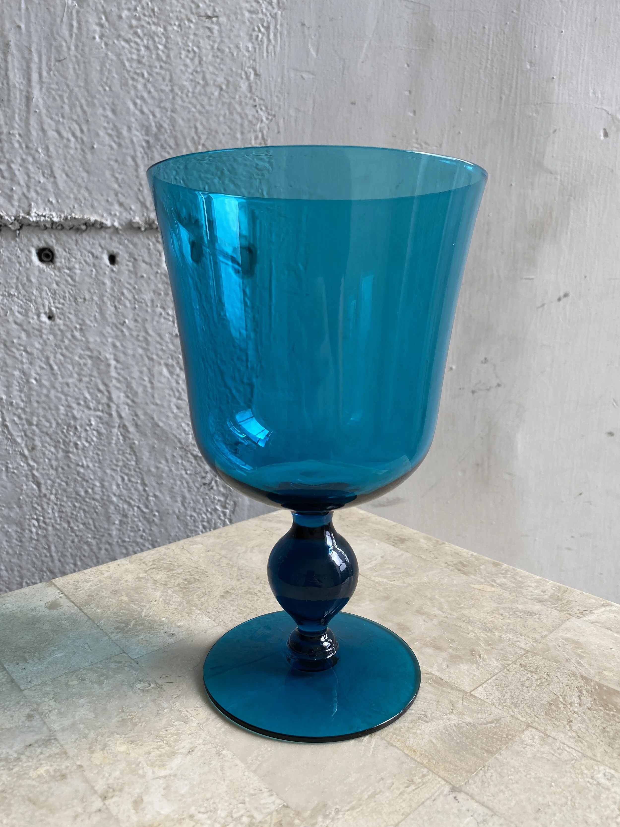 Vintage Mid Century Peacock Blue Footed Glass Vase with Knob Detail