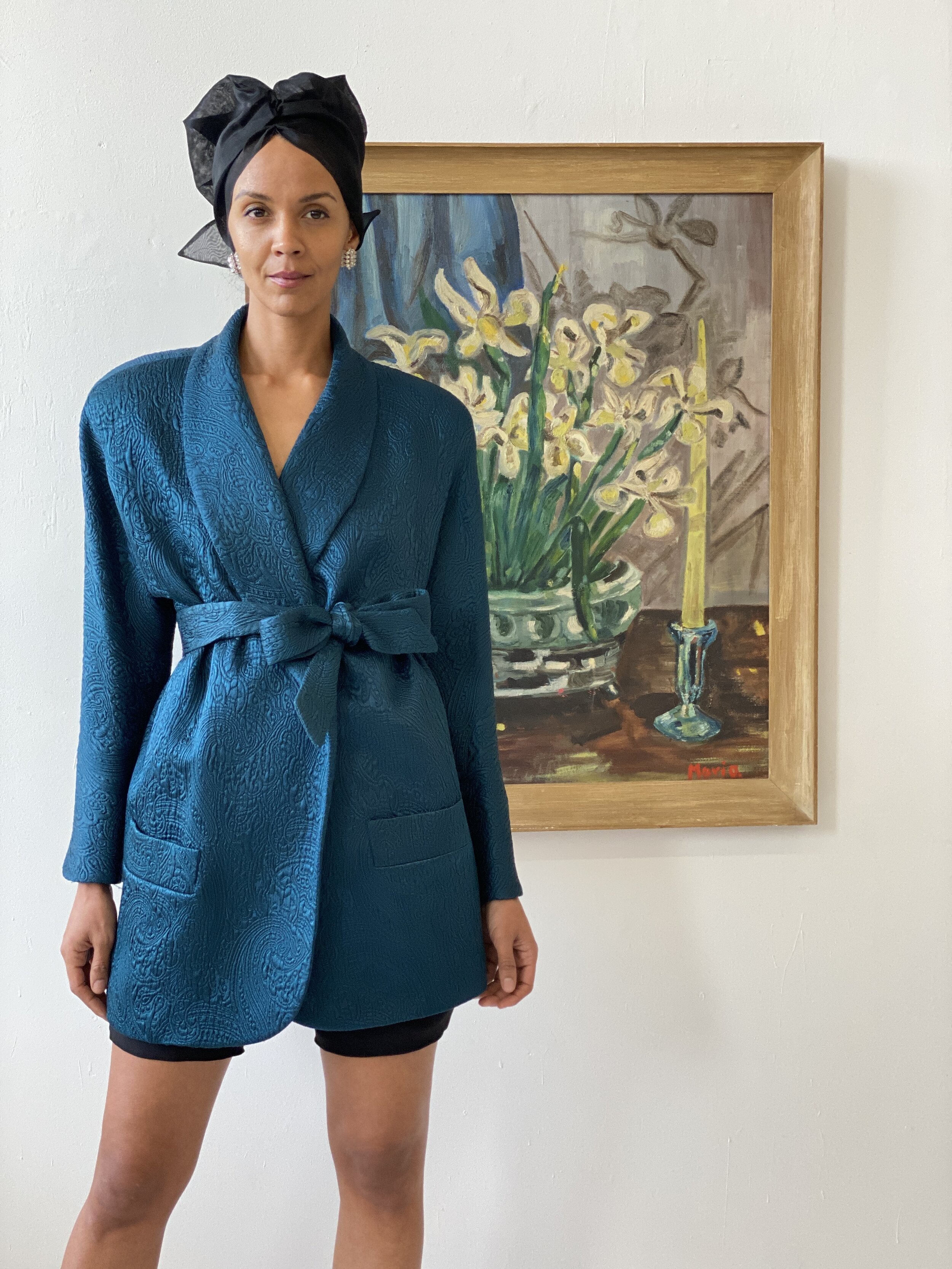 Vintage Mary Ann Restivo Teal Jacquard Dinner Jacket, Circa 1980s