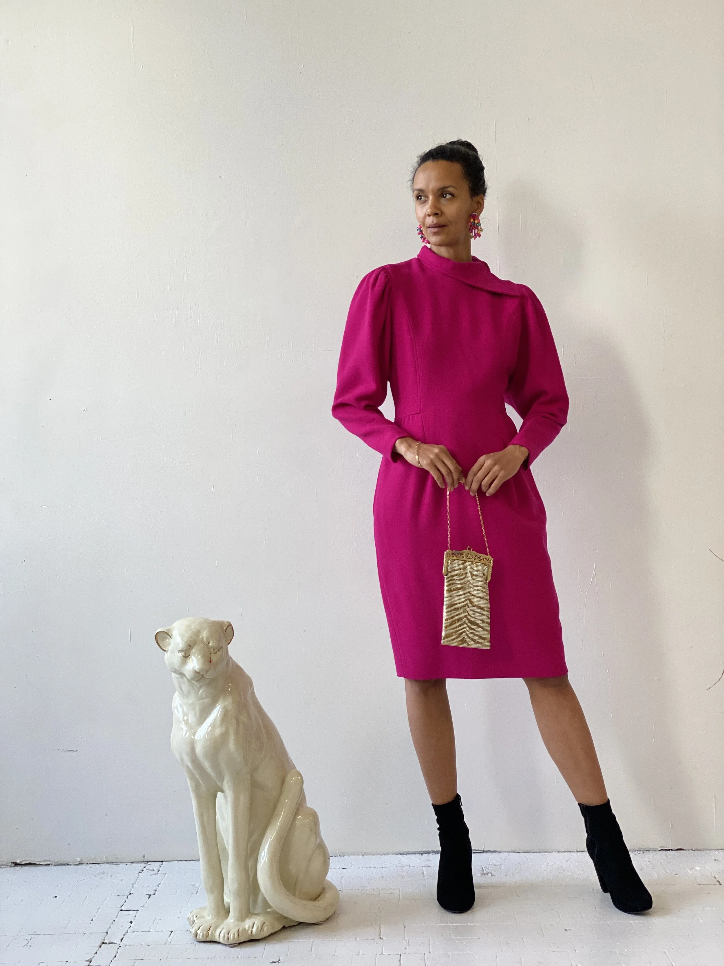 Vintage Oscar de la Renta Fuschia Wool Dress, Circa 1980s