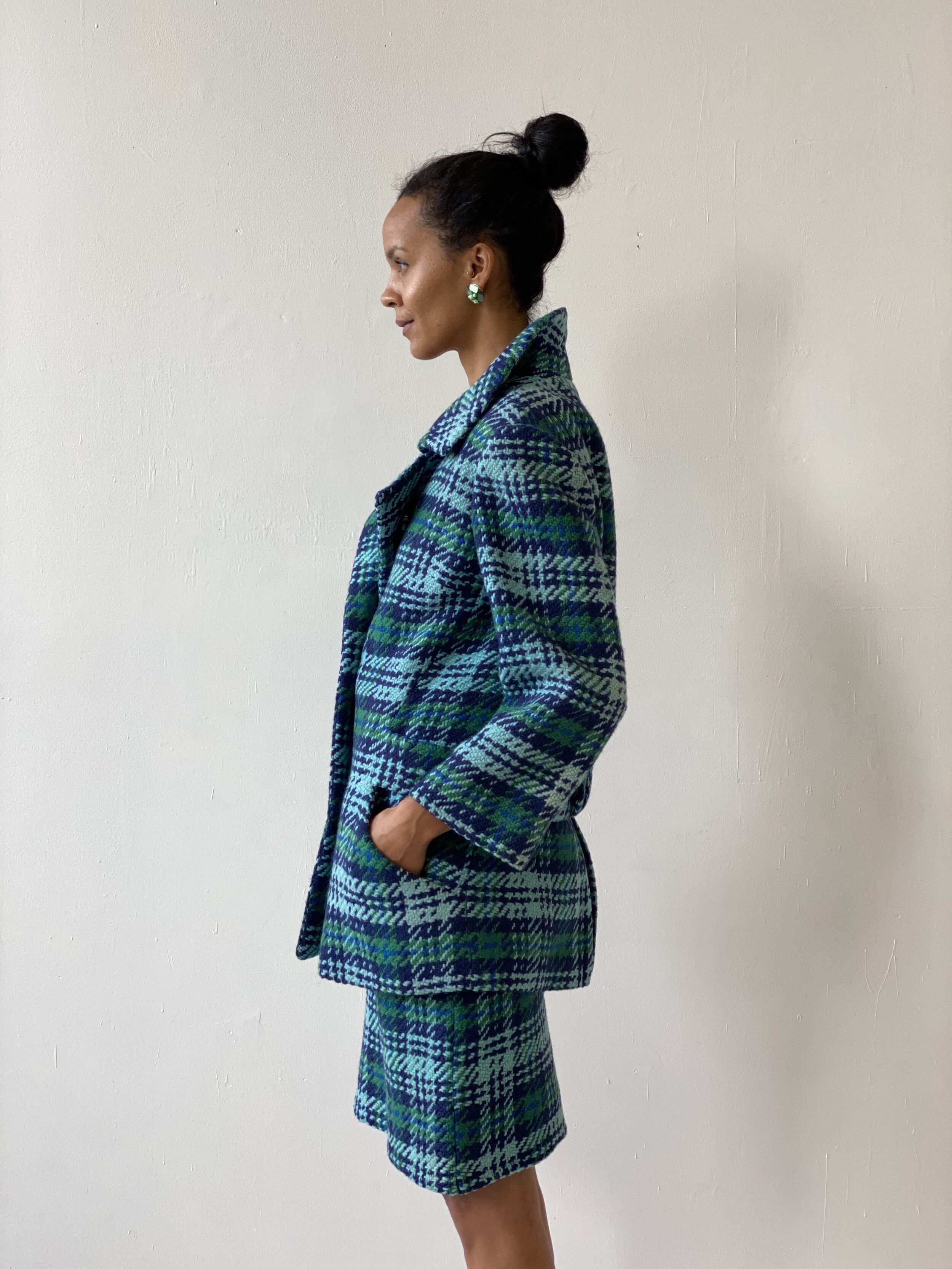 Vintage Teal Herringbone Plaid Wool Skirt Set, Circa 1960s