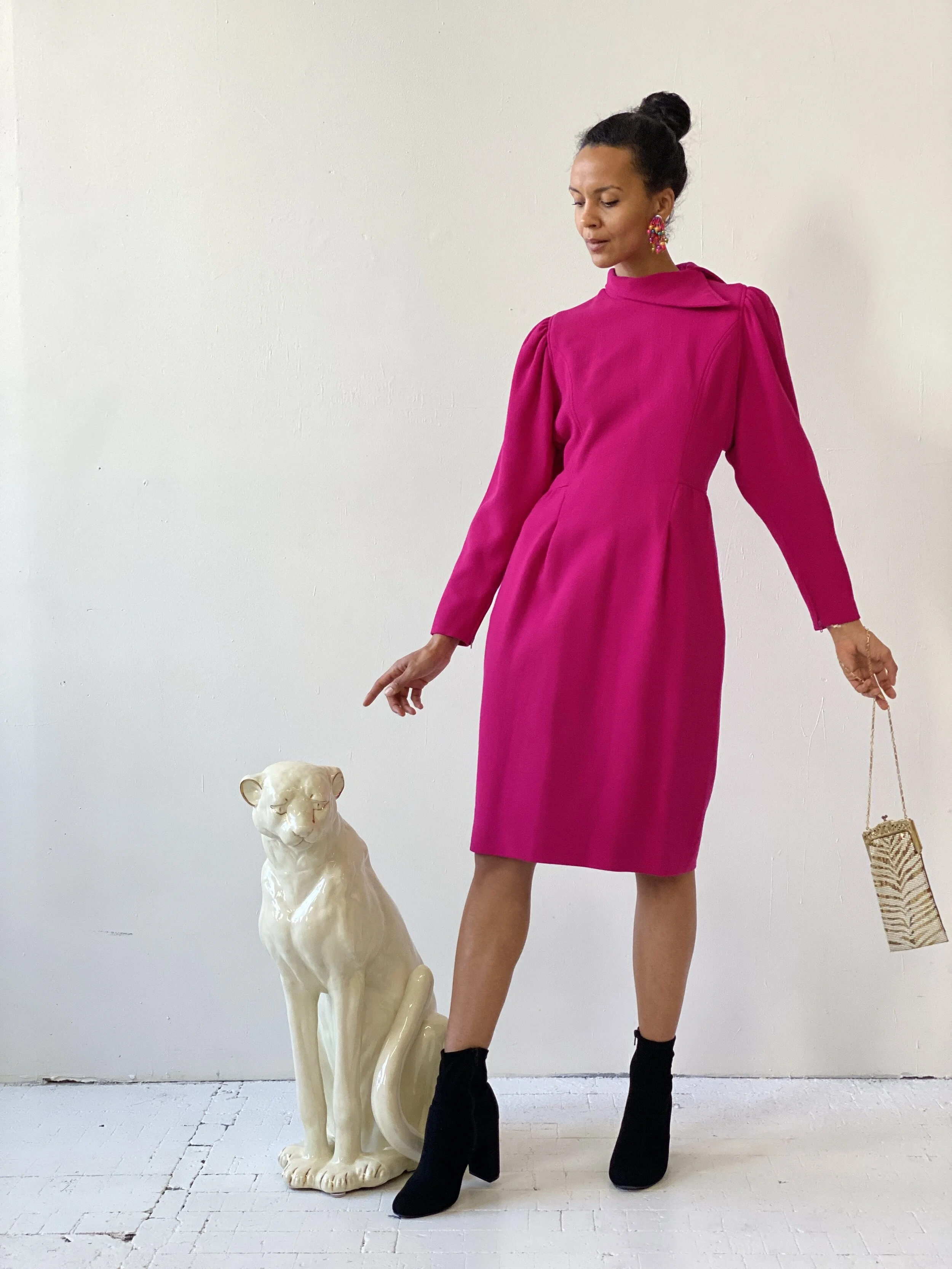 Vintage Oscar de la Renta Fuschia Wool Dress, Circa 1980s