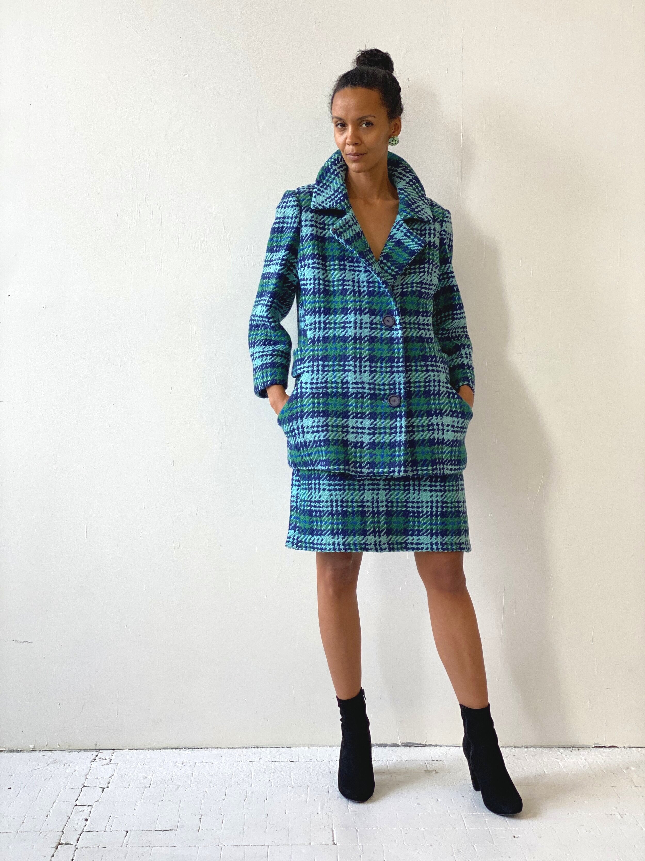 Vintage Teal Herringbone Plaid Wool Skirt Set, Circa 1960s